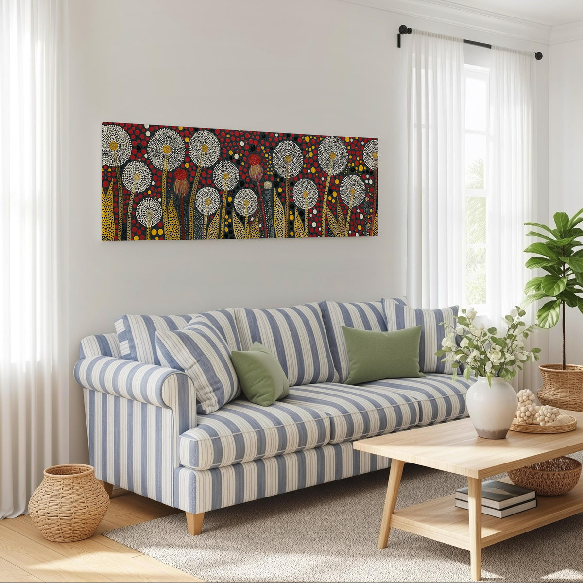 Dotted dandelions on deep red long horizontal canvas print above a striped sofa in a coastal living room
