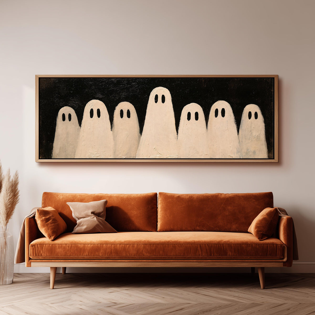 Friendly ghost gang wide panoramic canvas print above a bench in a dark living room