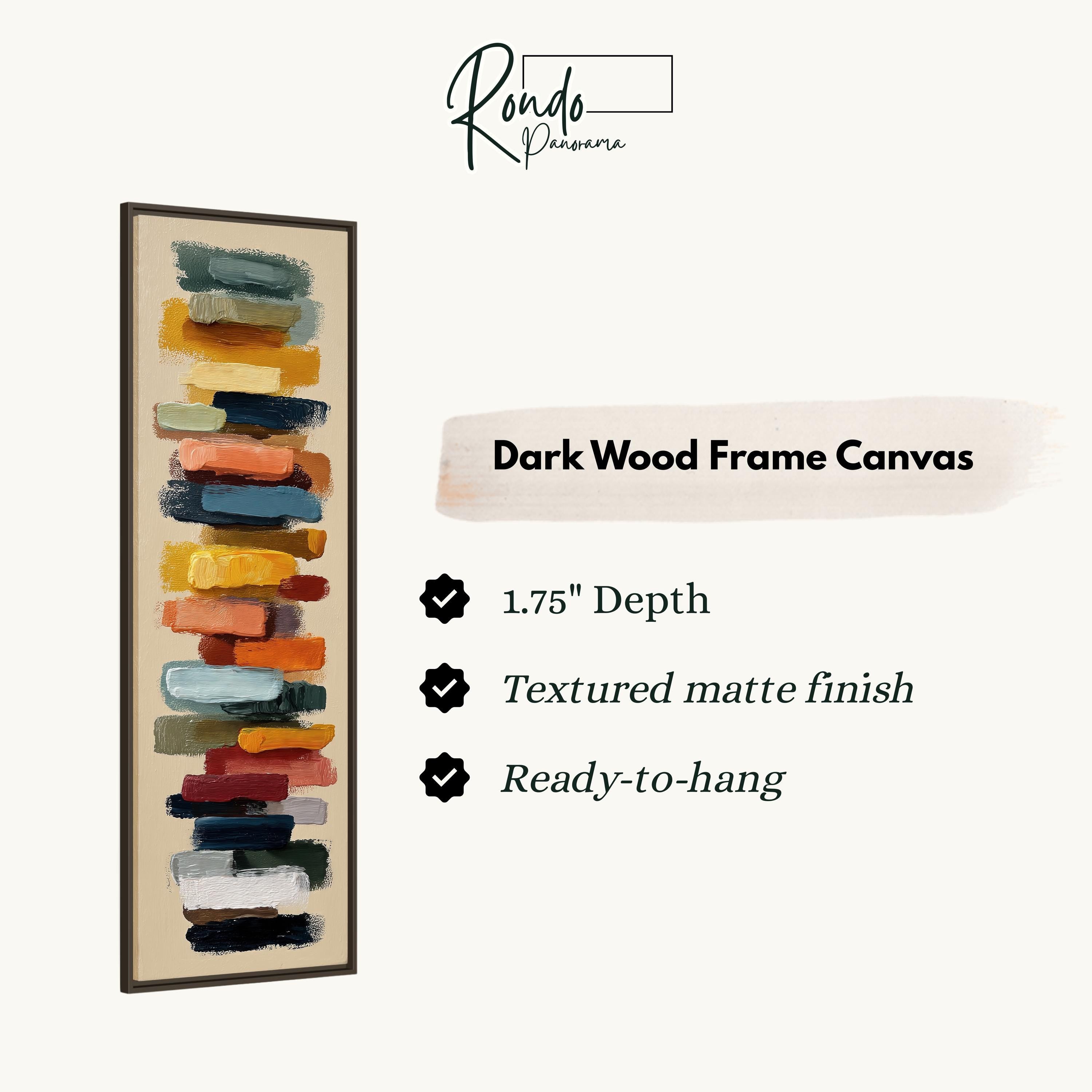 The image is a product advertisement for a dark wood frame canvas. It features a vertical stack of colorful paint strokes on a wooden frame, with text describing the features of the canvas.
