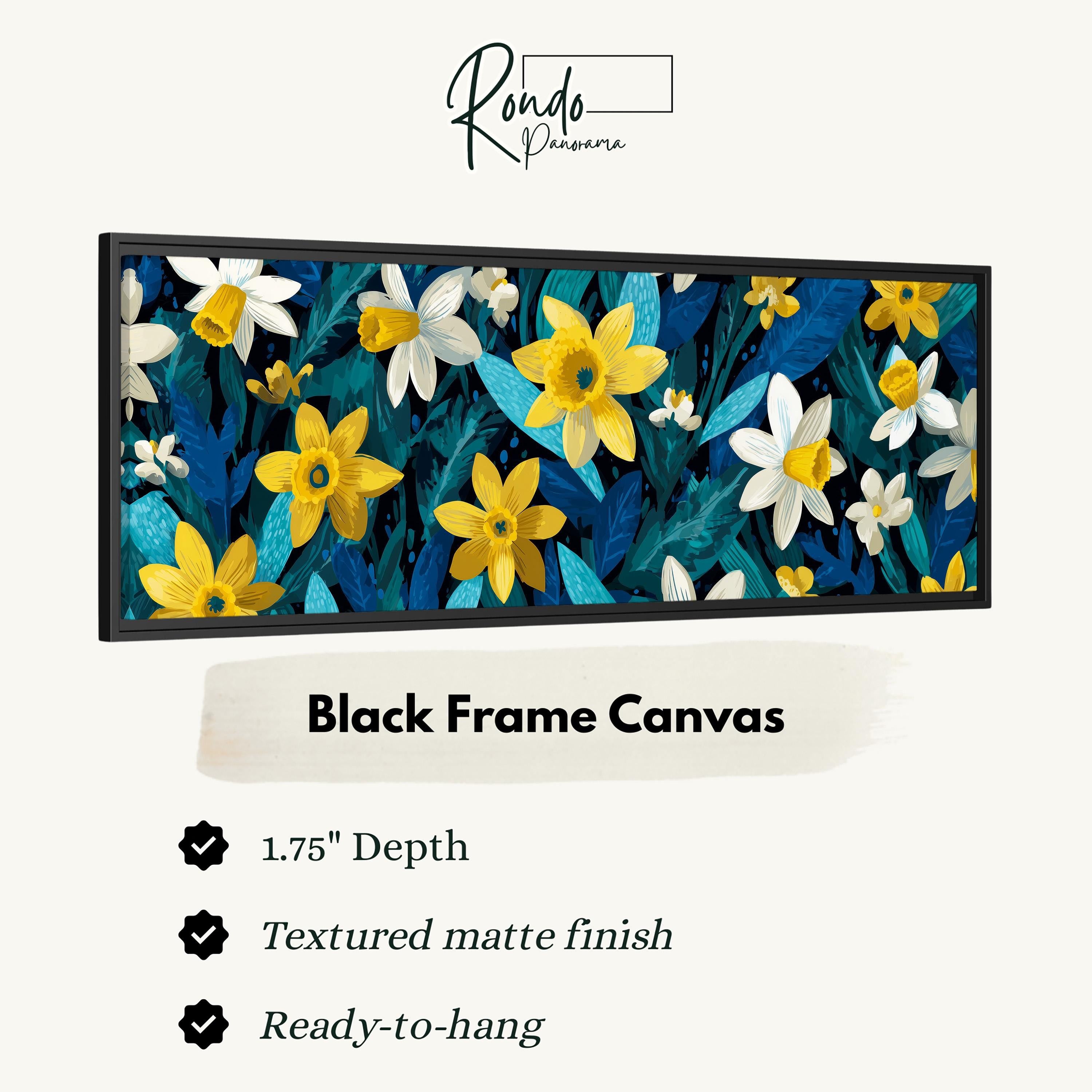 The image is a black frame canvas featuring a vibrant floral pattern with yellow and white flowers against a blue and green background.