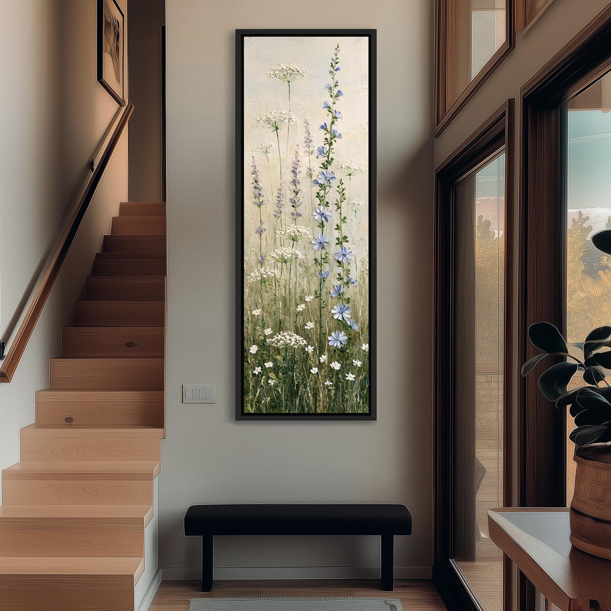 Chicory, lavender and Queen Anne's lace wildflowers long vertical canvas print in a bright reading corner