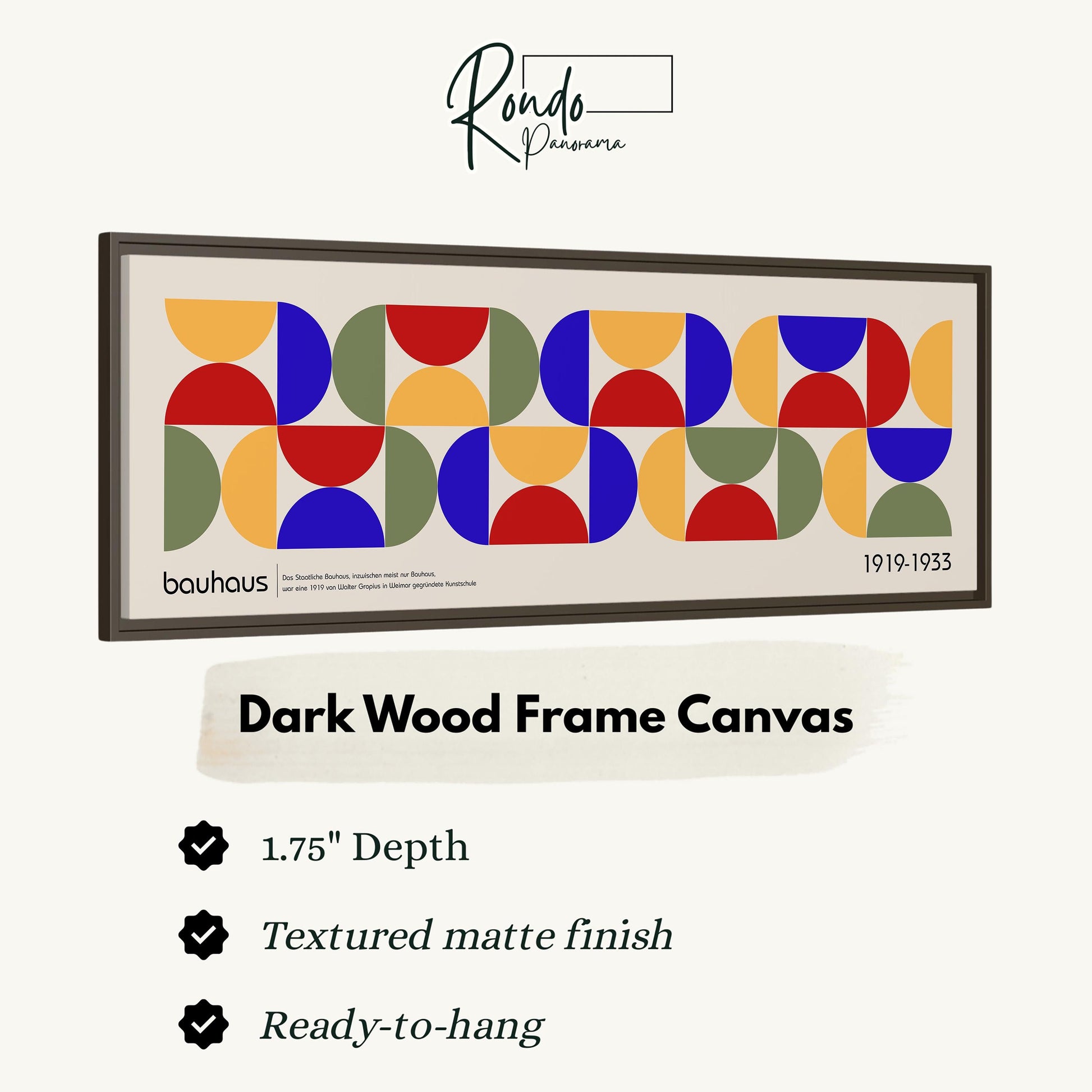 The image is a framed artwork featuring a geometric design with circles and ovals in various colors, including red, blue, green, and yellow. The artwork is described as a "Dark Wood Frame Canvas" with a 1.75" depth, a textured matte finish, and a ready-to-hang feature.