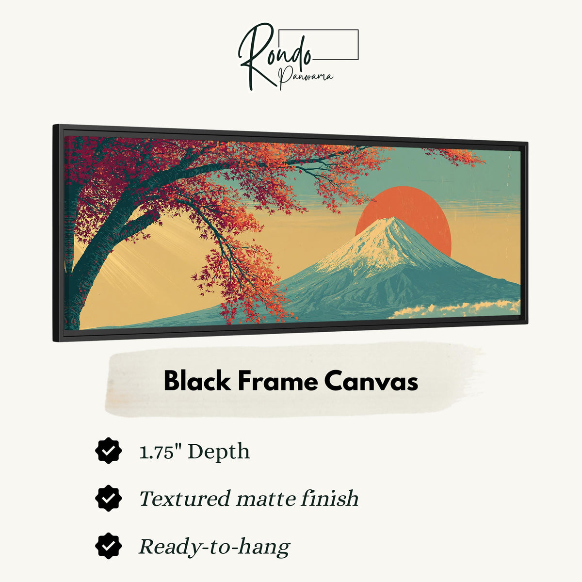 Autumn maple branch and Mount Fuji at sunset canvas print in a black floating frame