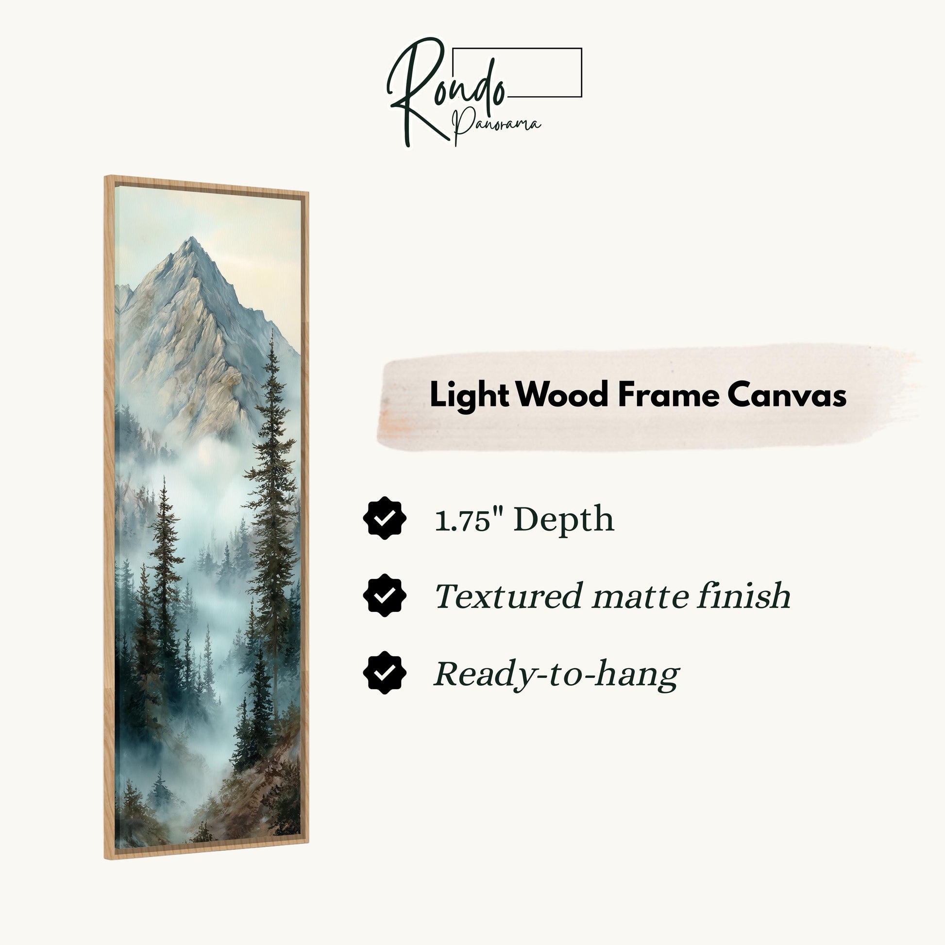 The image is a light wood frame canvas depicting a mountain landscape with pine trees and misty mountains.