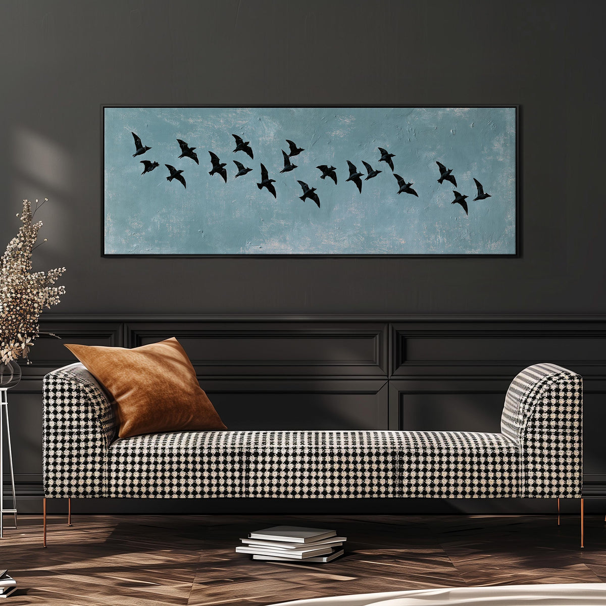 Flock of black birds on a teal sky wide panoramic canvas print above a bench in a dark living room