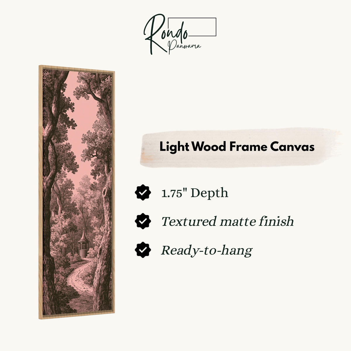 Vintage engraving of a garden path in pink canvas print in a light wood floating frame