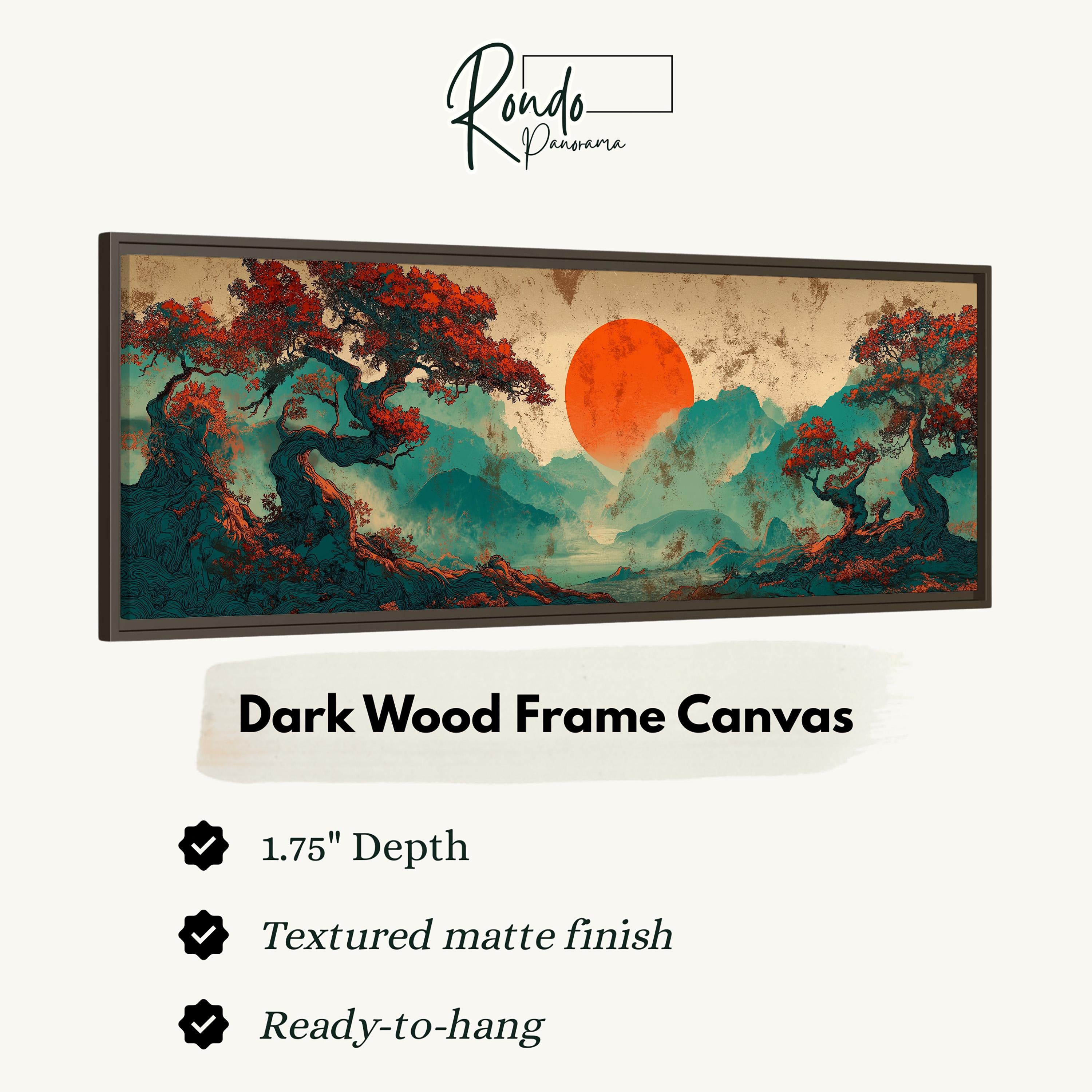 The image is a dark wood frame canvas depicting a landscape with a red sun in the sky, surrounded by trees and mountains.