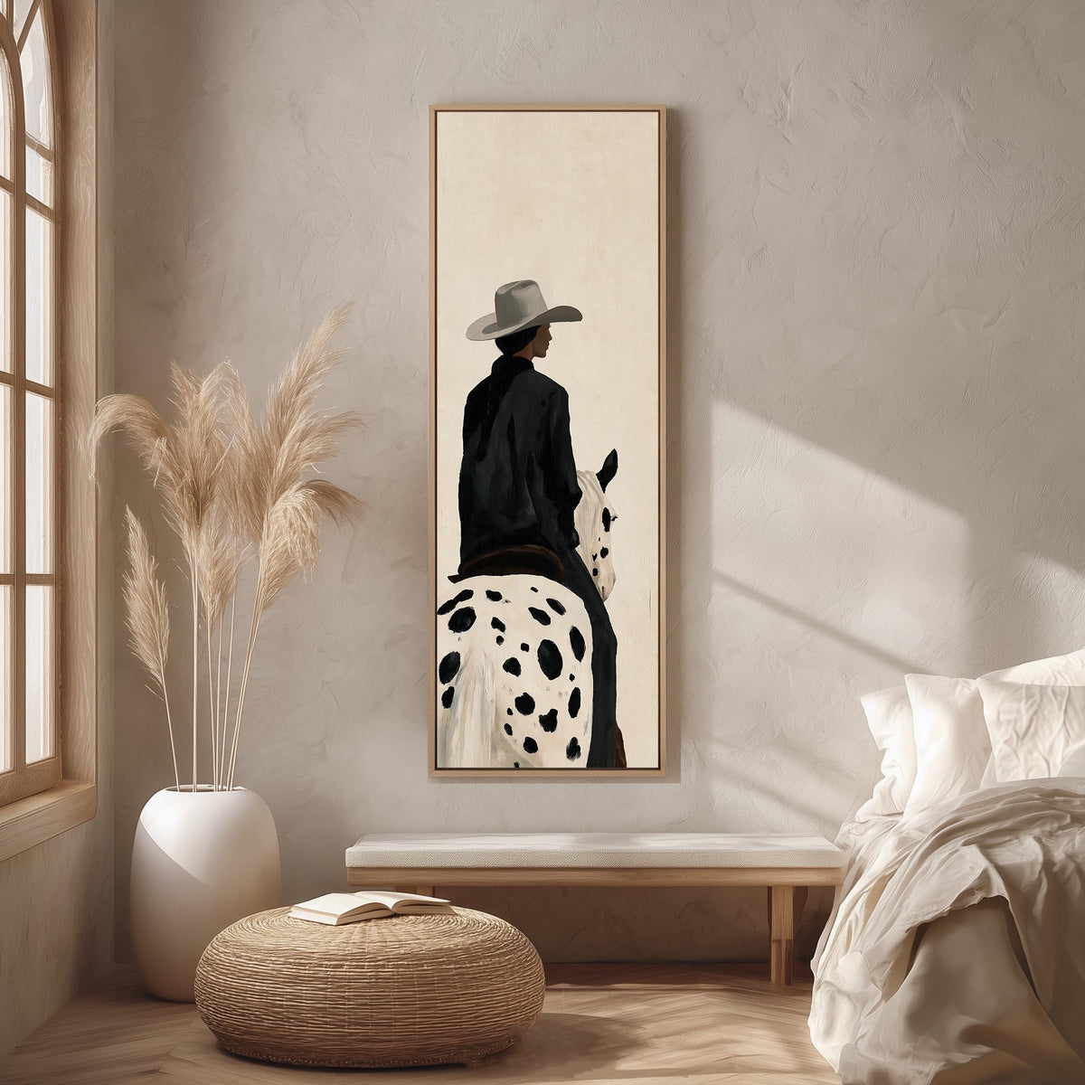 Cowgirl on a spotted appaloosa from behind long vertical canvas print in a bright reading corner
