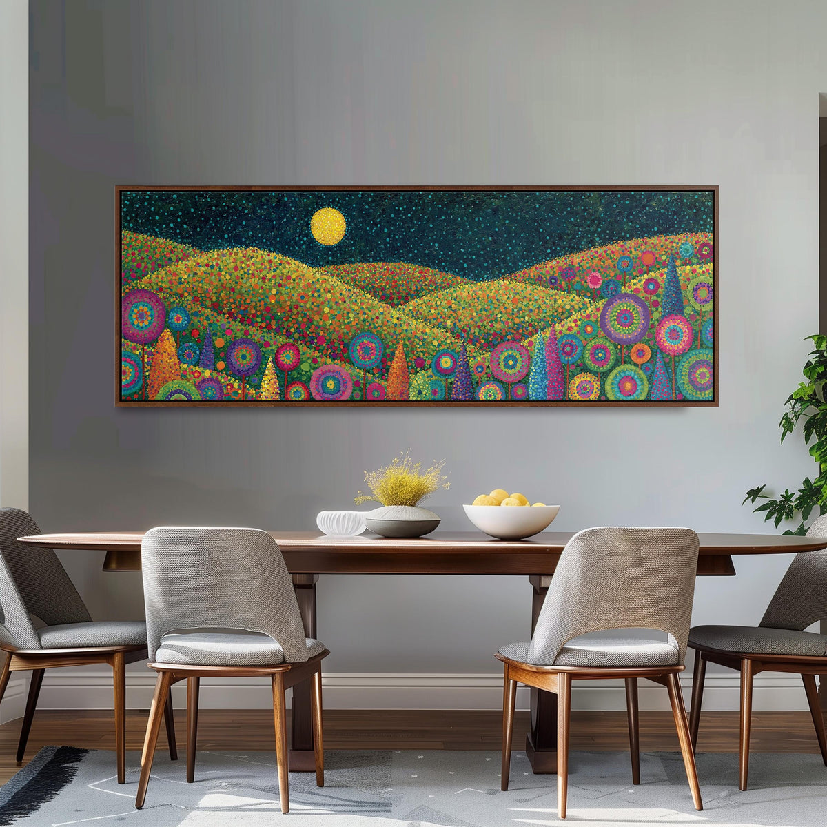 Moonlit flower hills long horizontal canvas print above a dining table