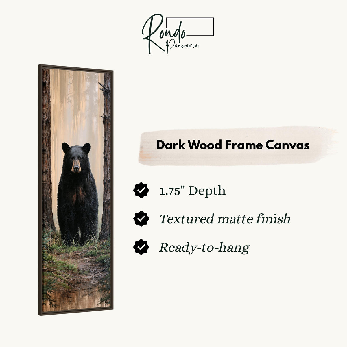 Black bear standing in a foggy forest canvas print in a dark wood floating frame