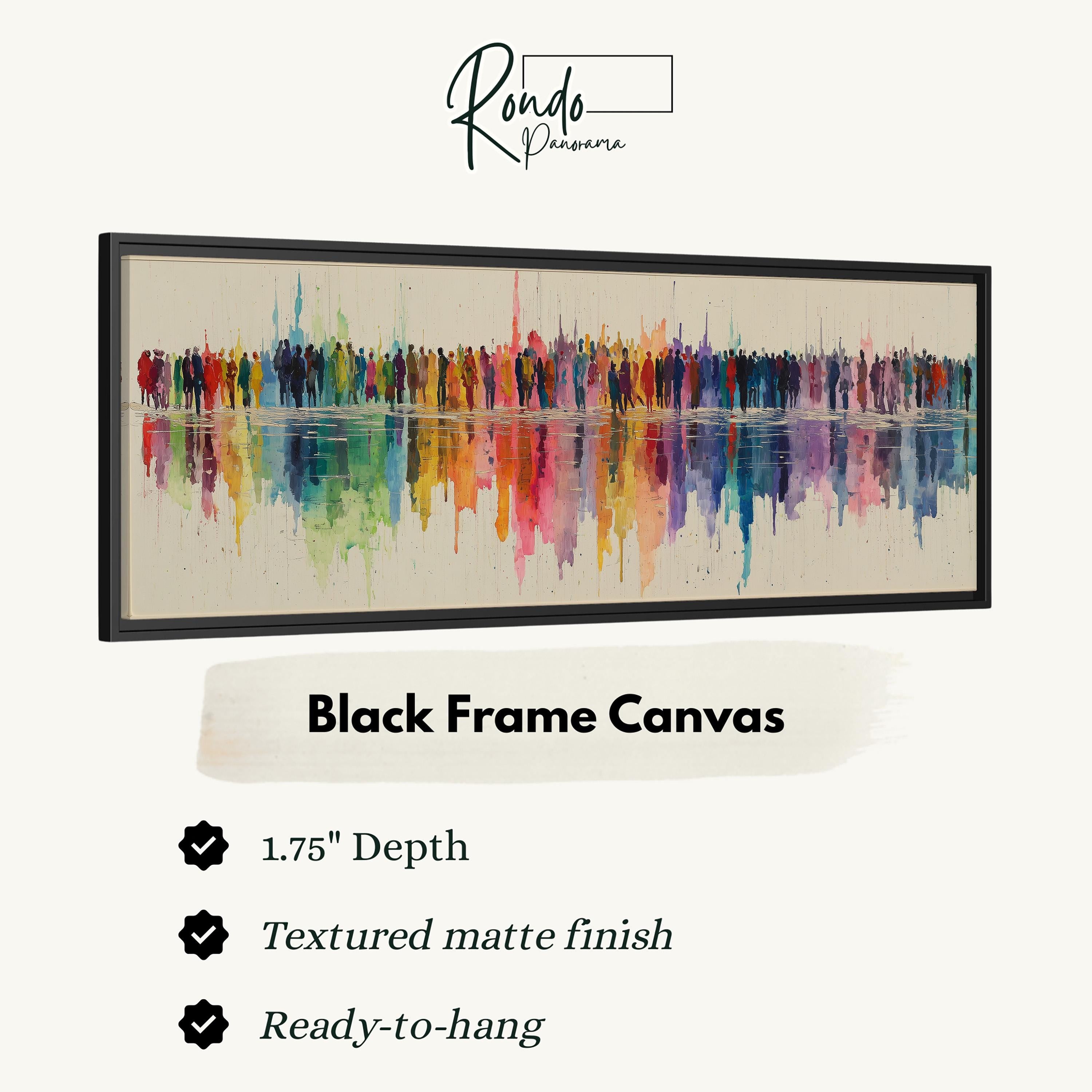 The image is a black frame canvas depicting a colorful abstract painting of people.