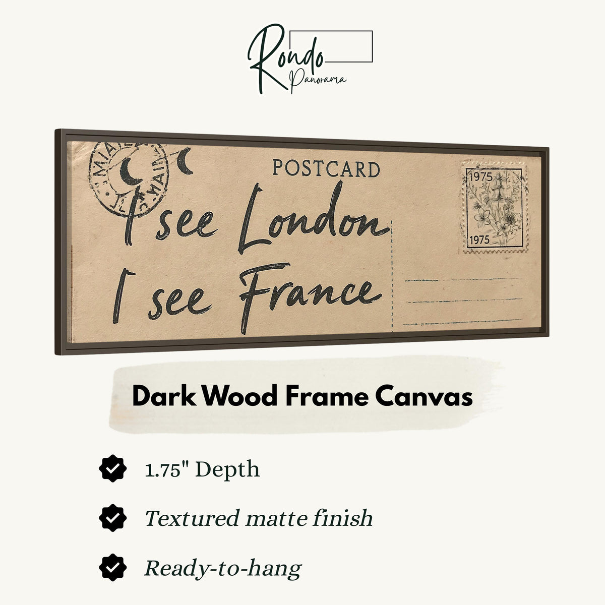 Postcard saying I see London, I see France canvas print in a dark wood floating frame