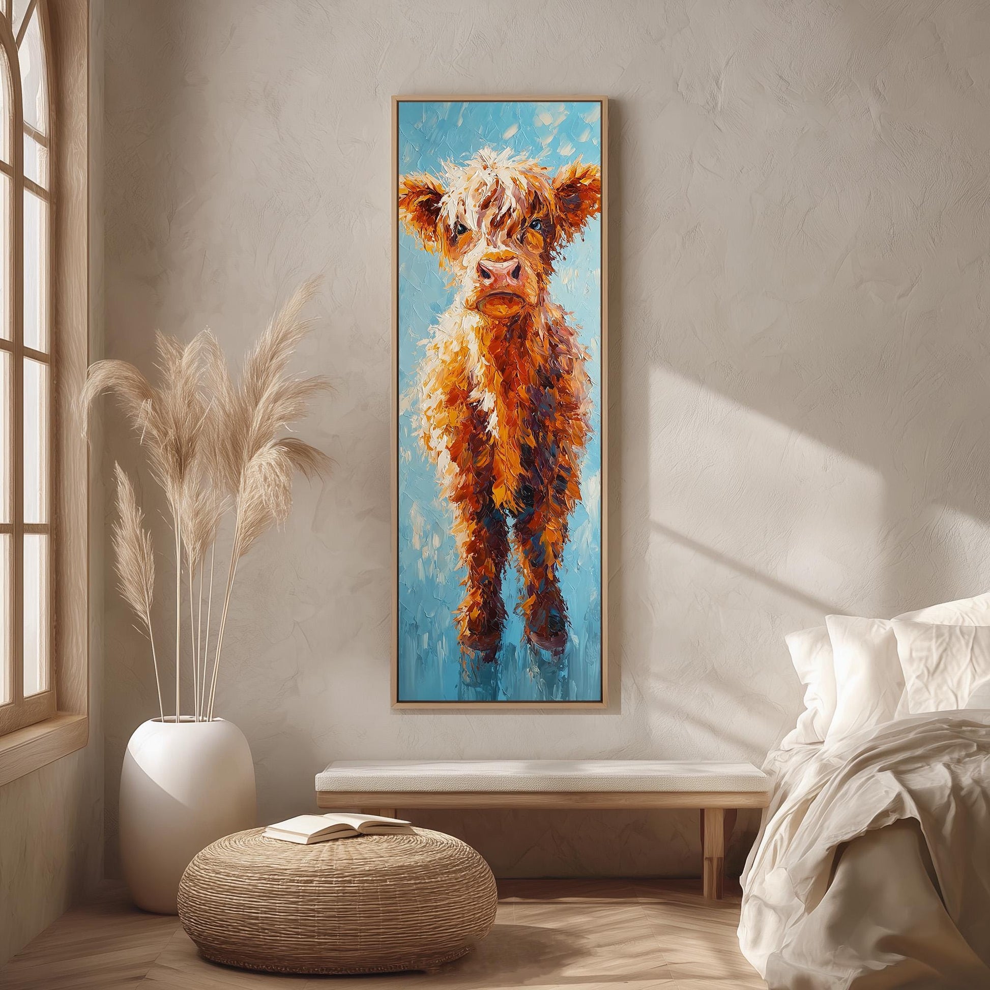 a large painting of a cow hanging on a wall in a room with a bed, a potted plant, and a woven ottoman.