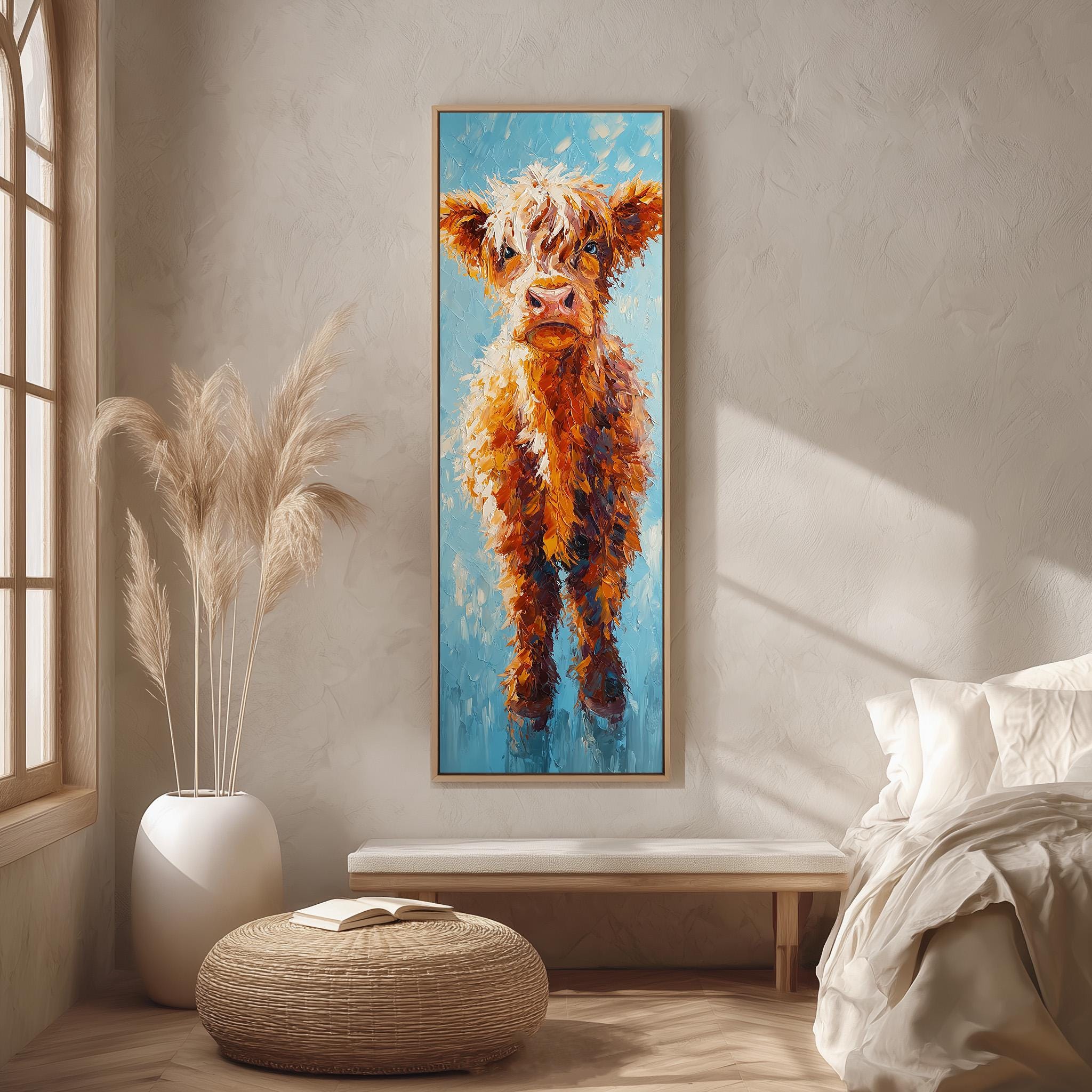 a large painting of a cow hanging on a wall in a room with a bed, a potted plant, and a woven ottoman.