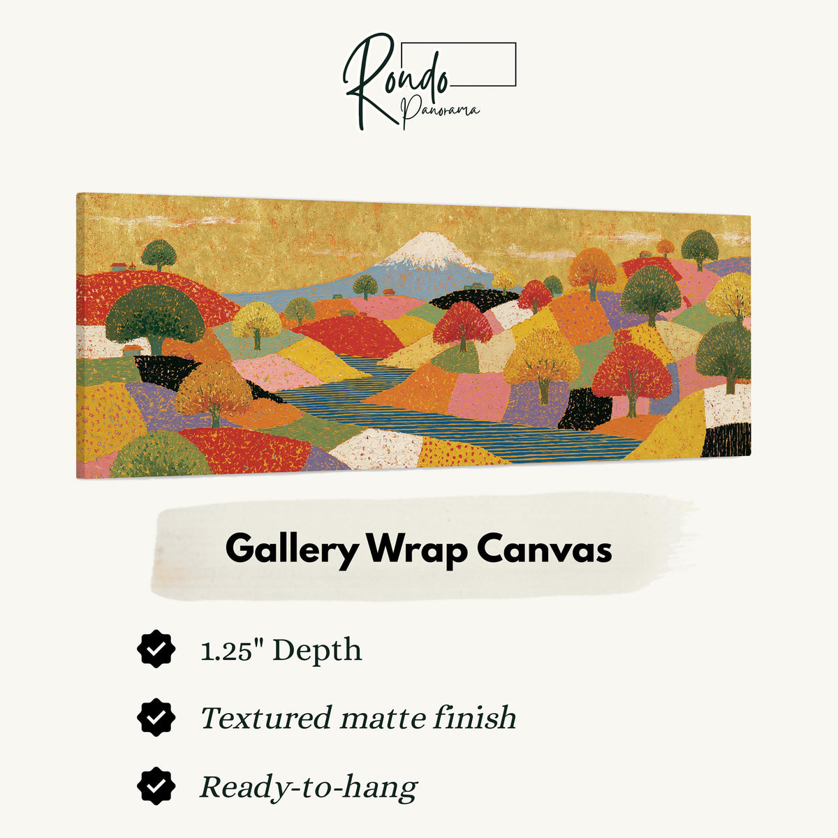 Mount Fuji over golden patchwork hills gallery wrap canvas with the image wrapped around the edges