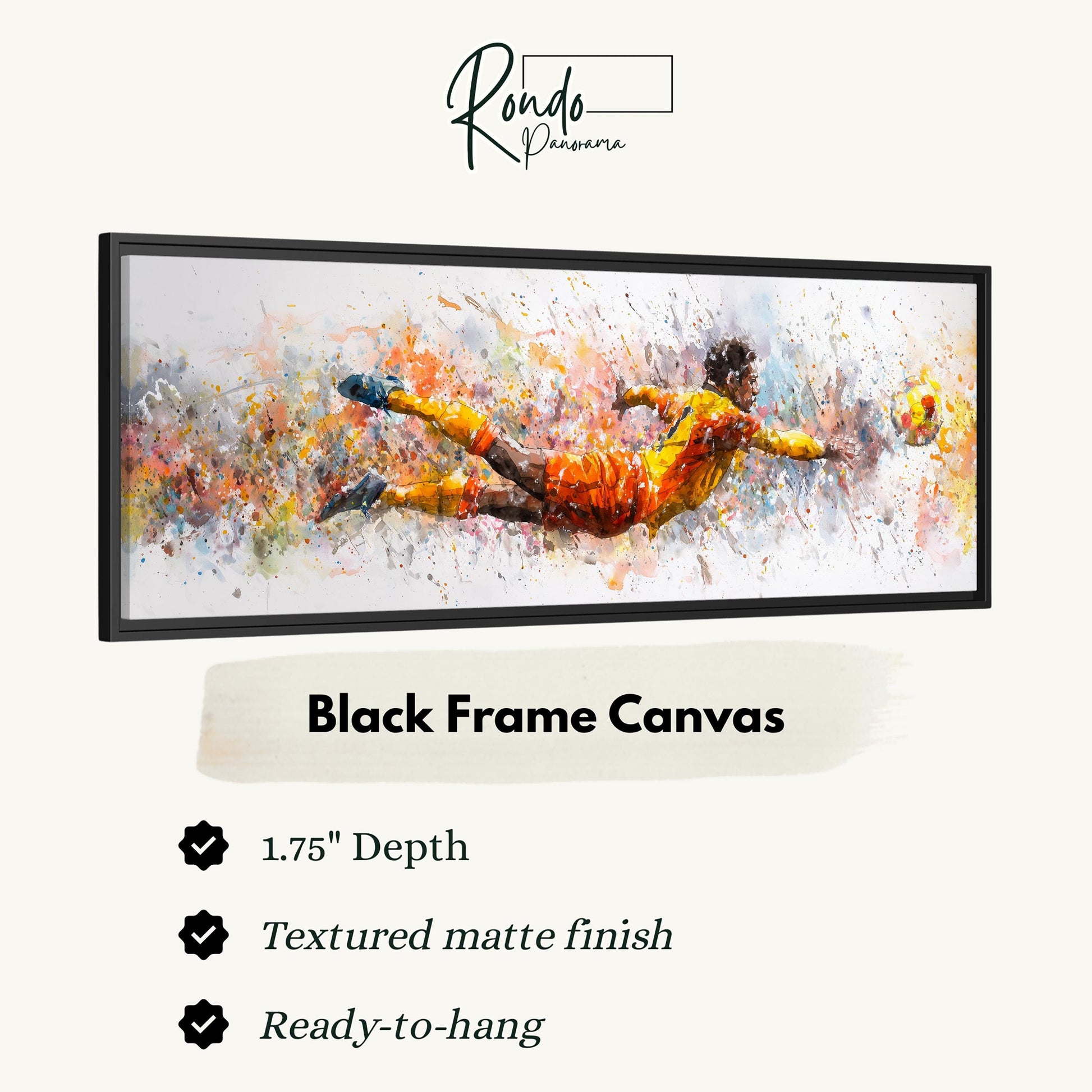 The image is a framed canvas depicting a soccer player diving to make a save.