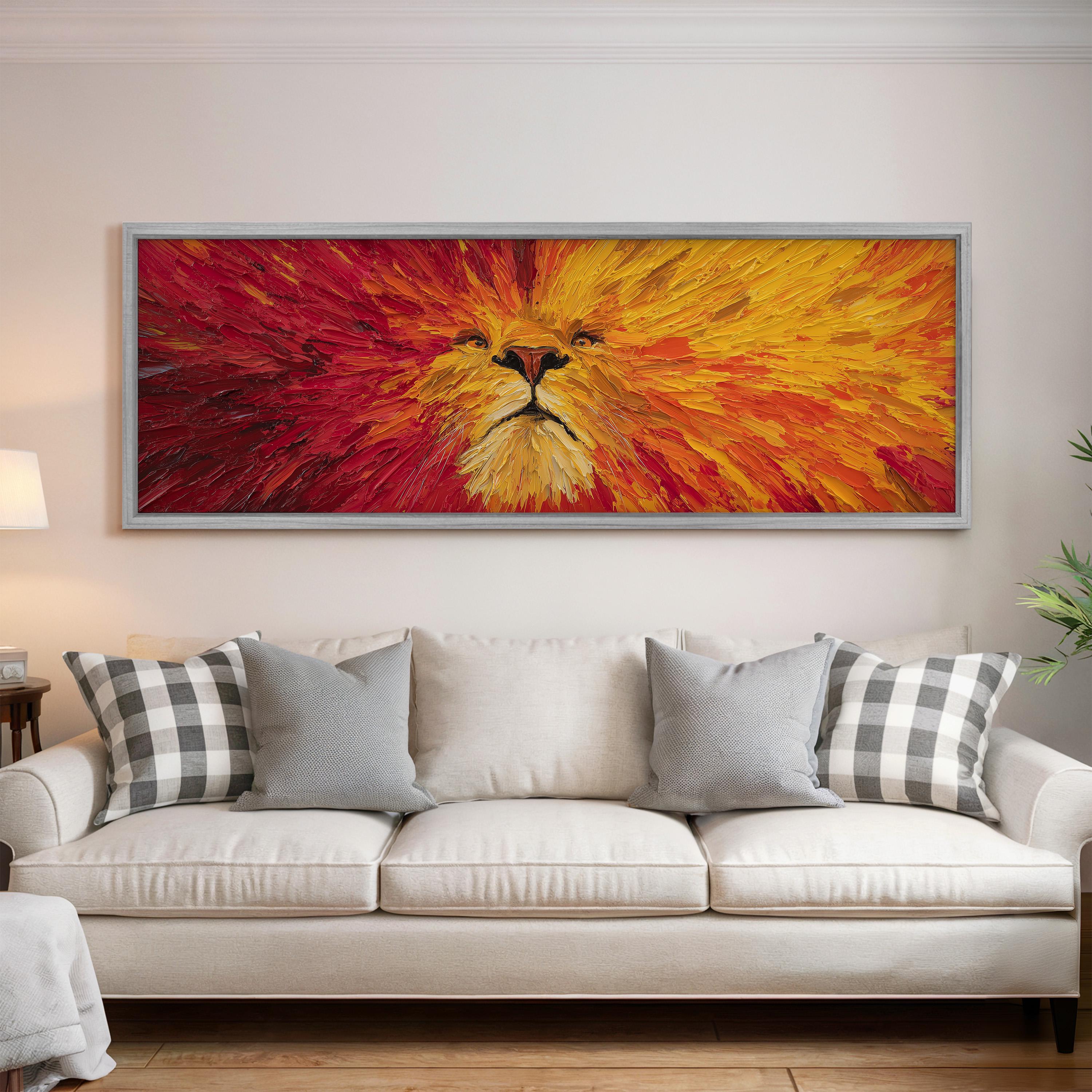 a large, vibrant painting of a lion's face hanging on a wall above a white couch with gray and white plaid throw pillows.