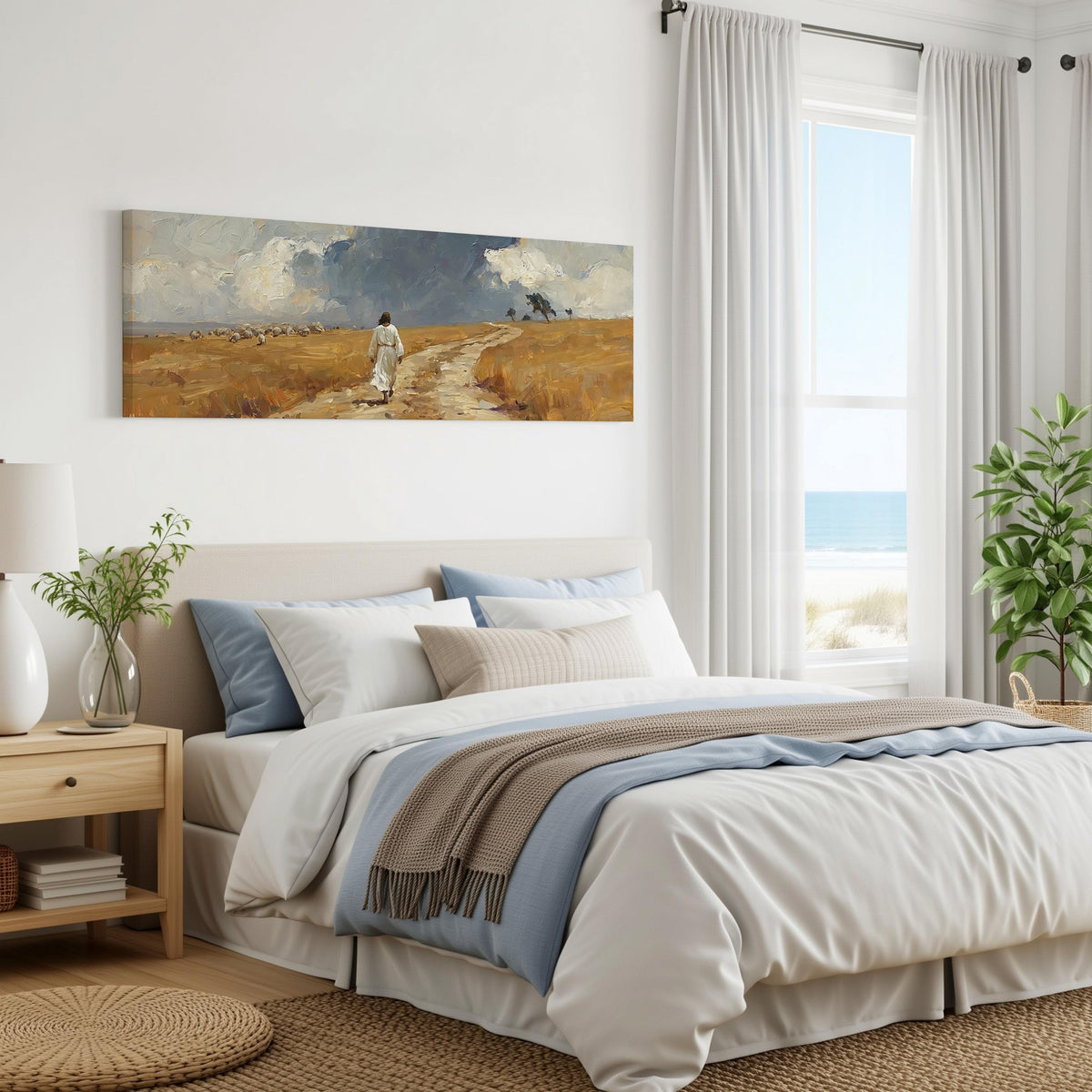 Jesus walking a field path with grazing sheep panoramic canvas print above a bed in a coastal bedroom