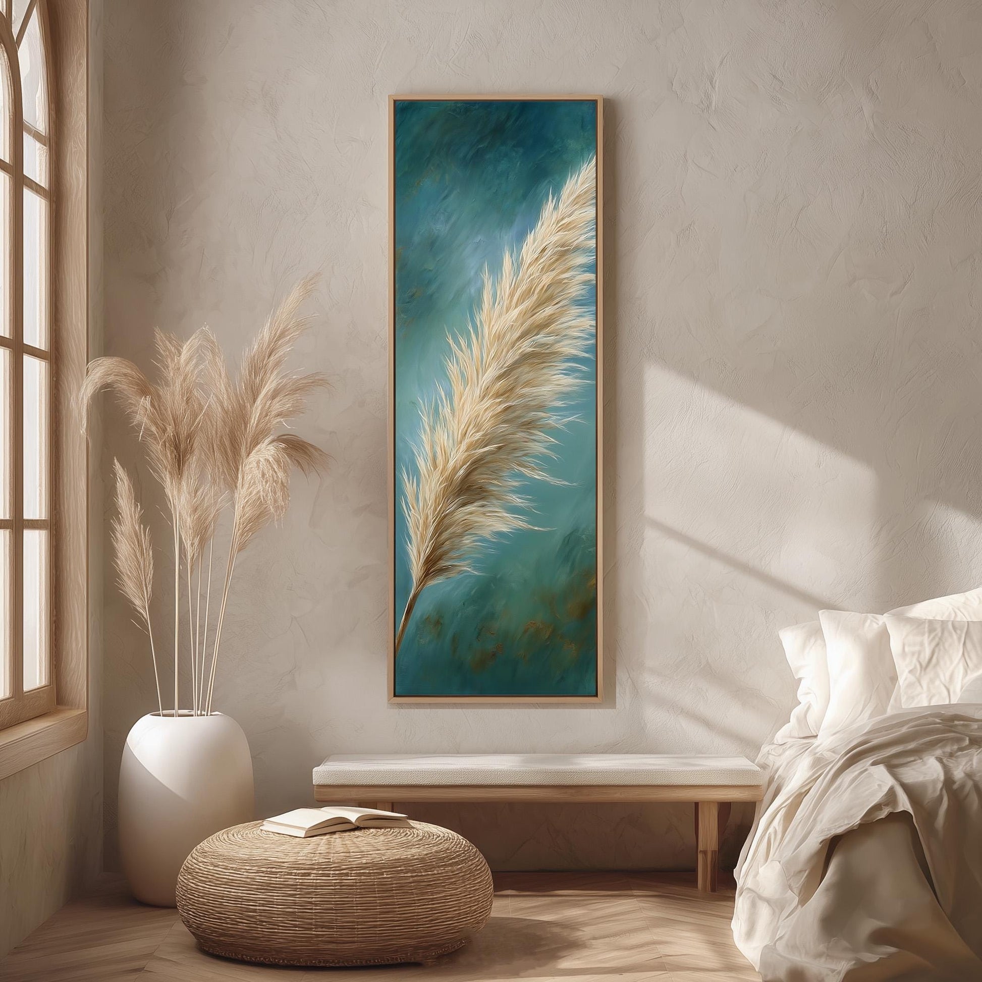 a serene bedroom scene with a large framed painting of a feather hanging on the wall, a white bed with a white pillow, a white vase with tall potted plants, and a woven ottoman in front of the bed.