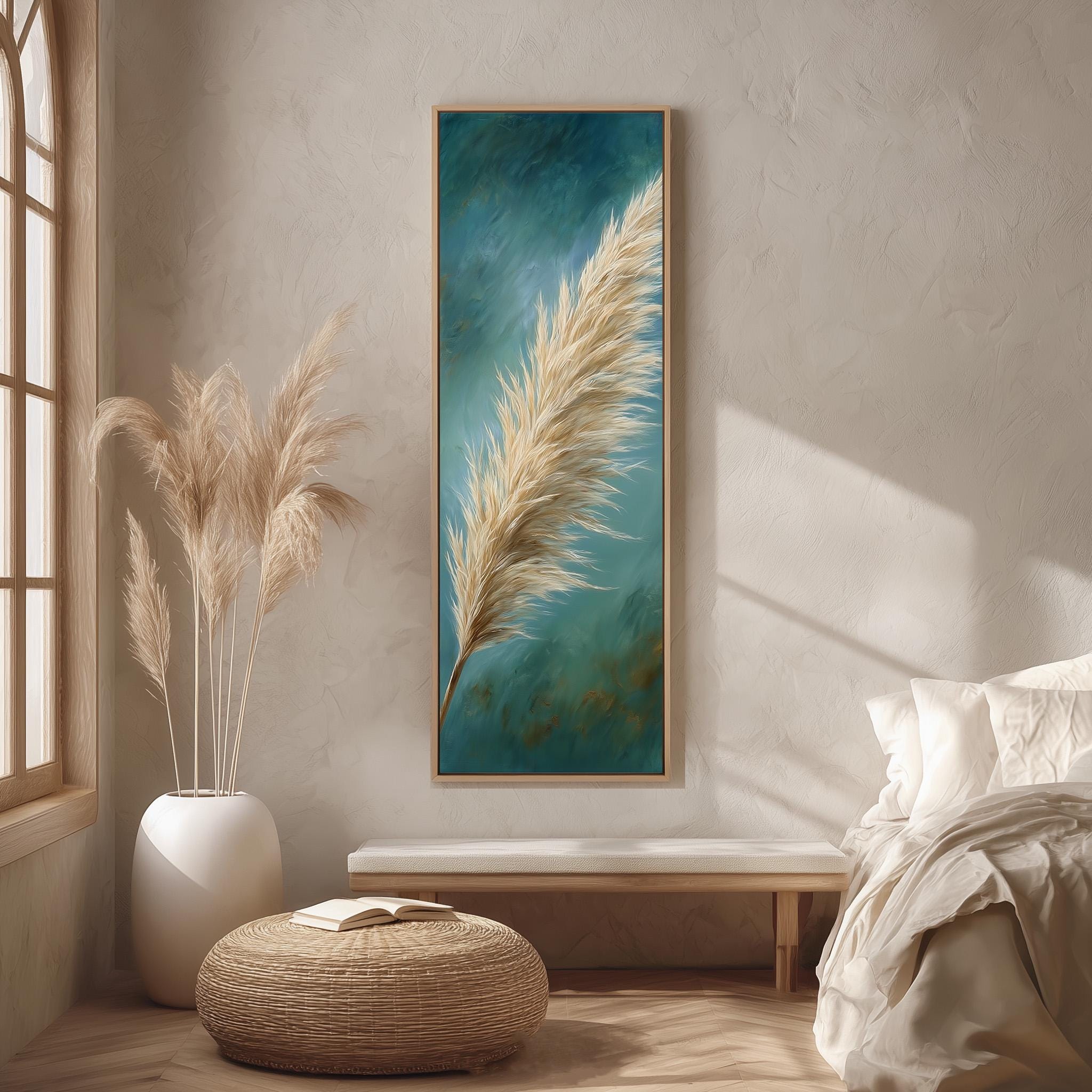 a serene bedroom scene with a large framed painting of a feather hanging on the wall, a white bed with a white pillow, a white vase with tall potted plants, and a woven ottoman in front of the bed.