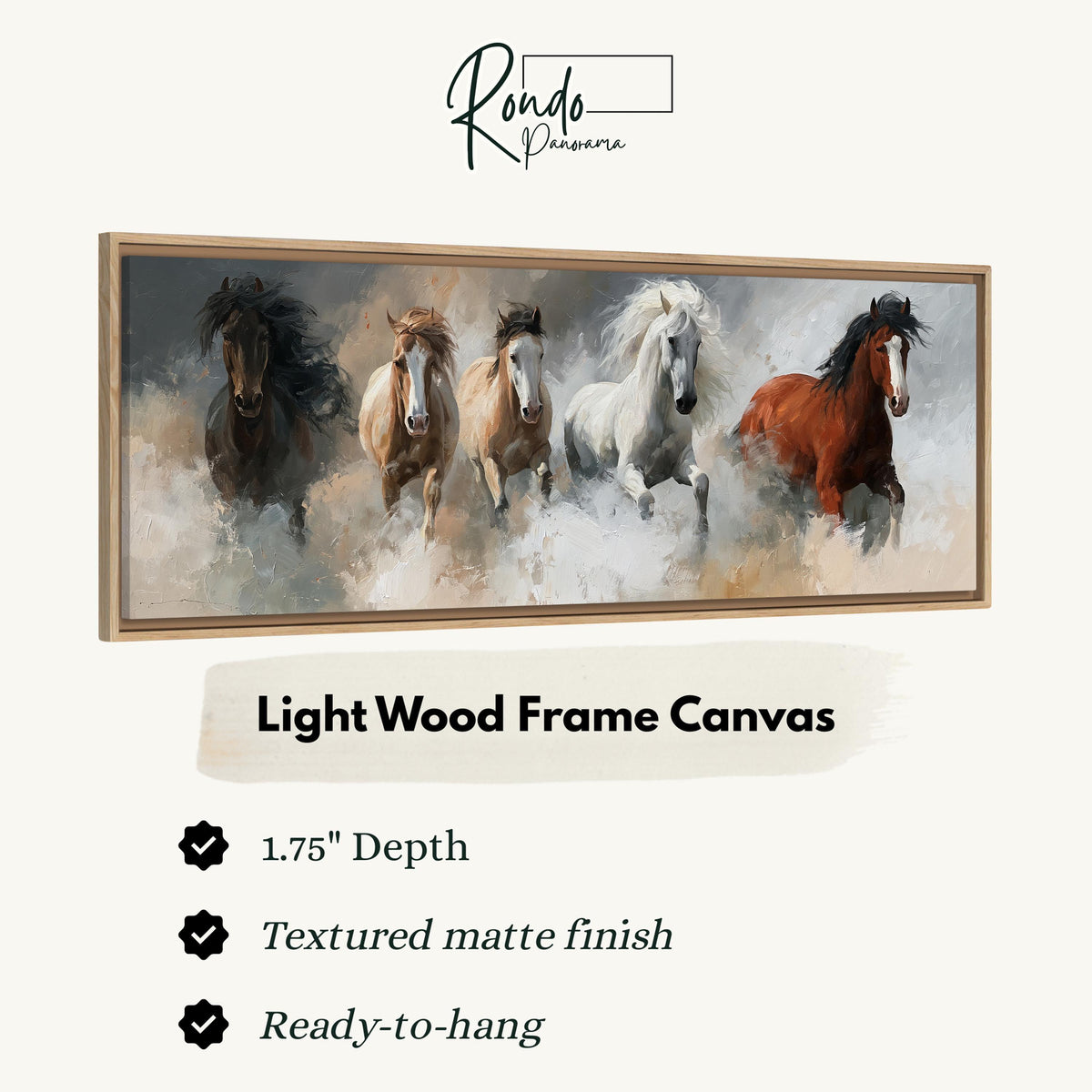 Five horses running through smoke canvas print in a light wood floating frame