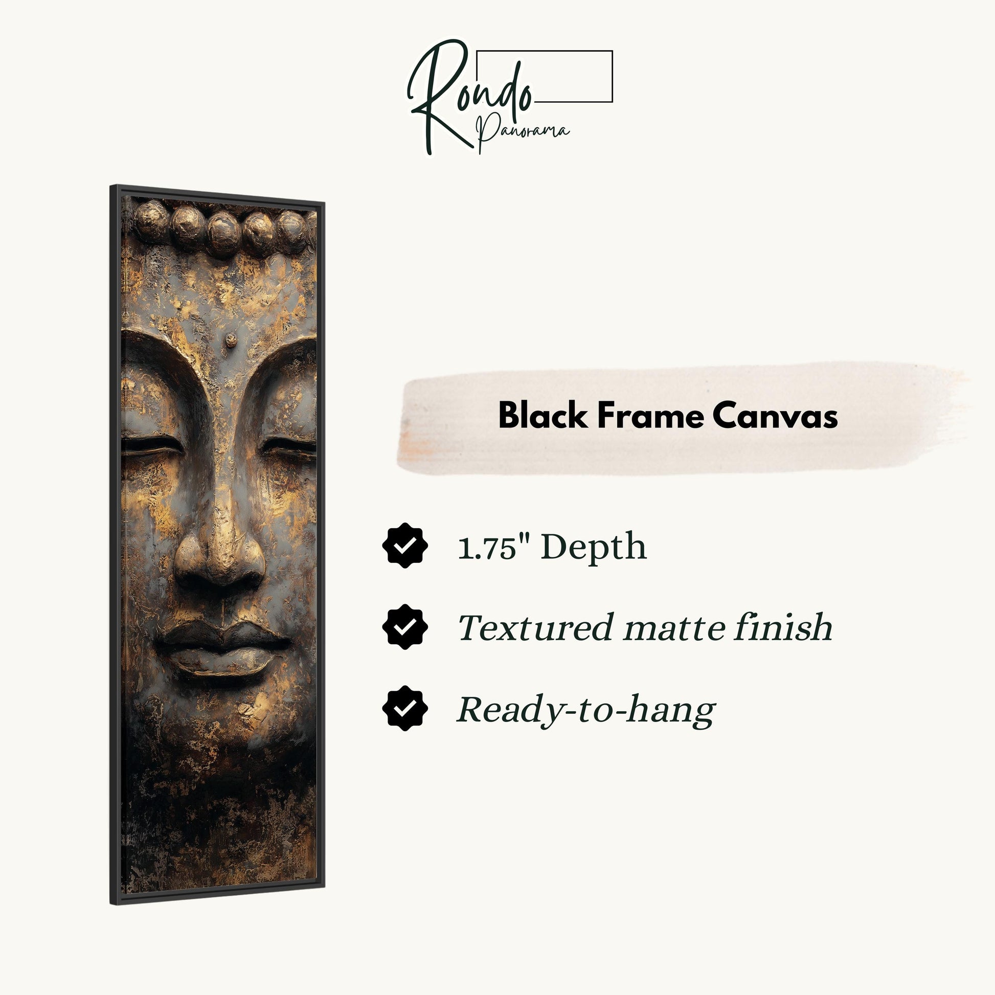 a black frame canvas depicting a Buddha's face with a textured matte finish.