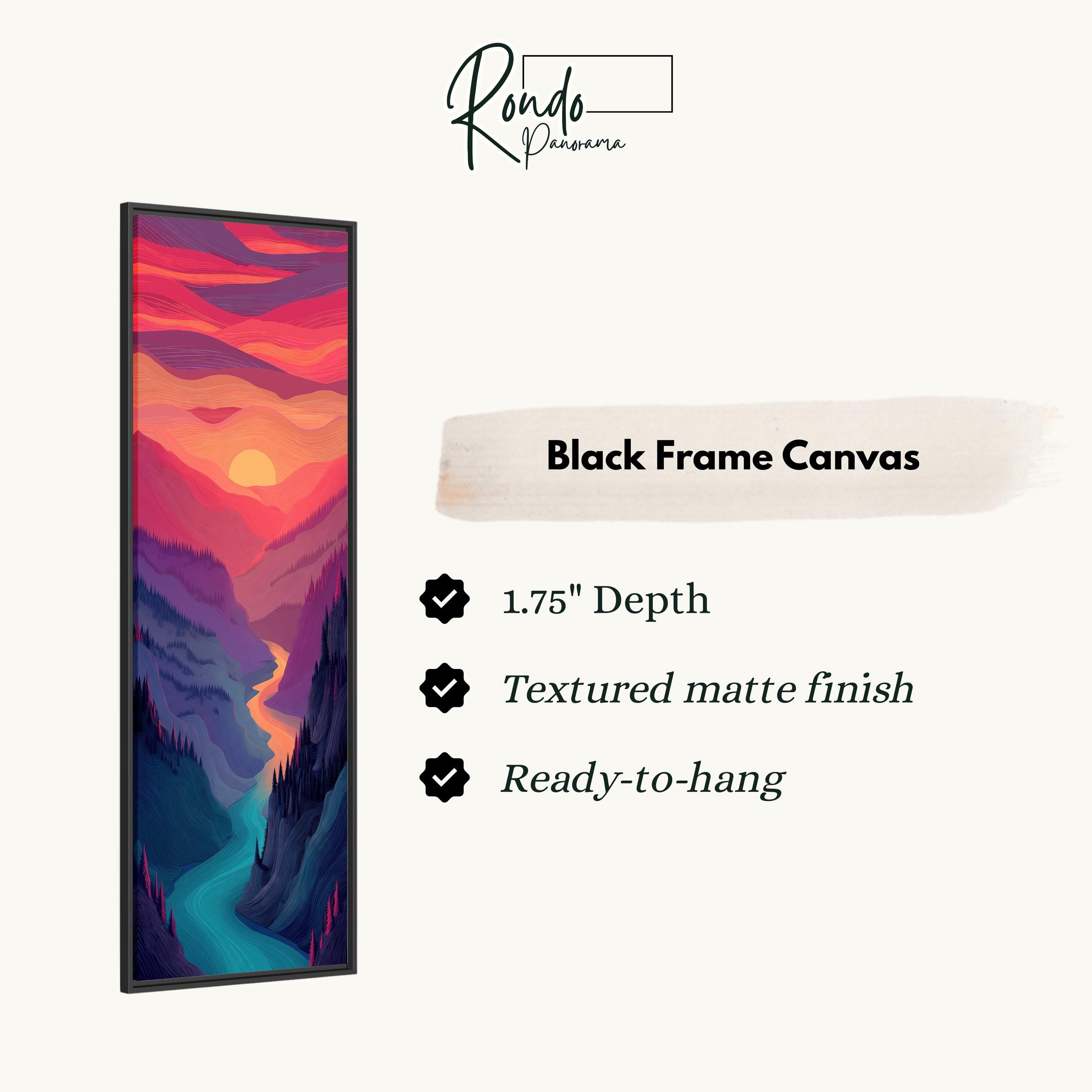 The image is a black frame canvas depicting a vibrant sunset over a mountainous landscape.