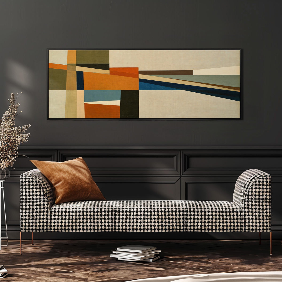 Olive and rust geometric blocks wide panoramic canvas print above a bench in a dark living room