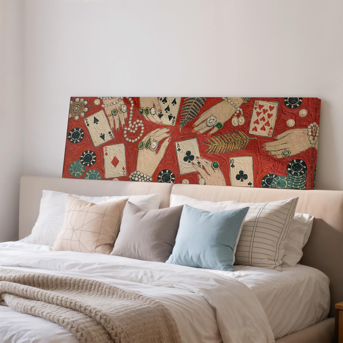 Playing cards, chips and jeweled hands long horizontal canvas print above a wooden sideboard