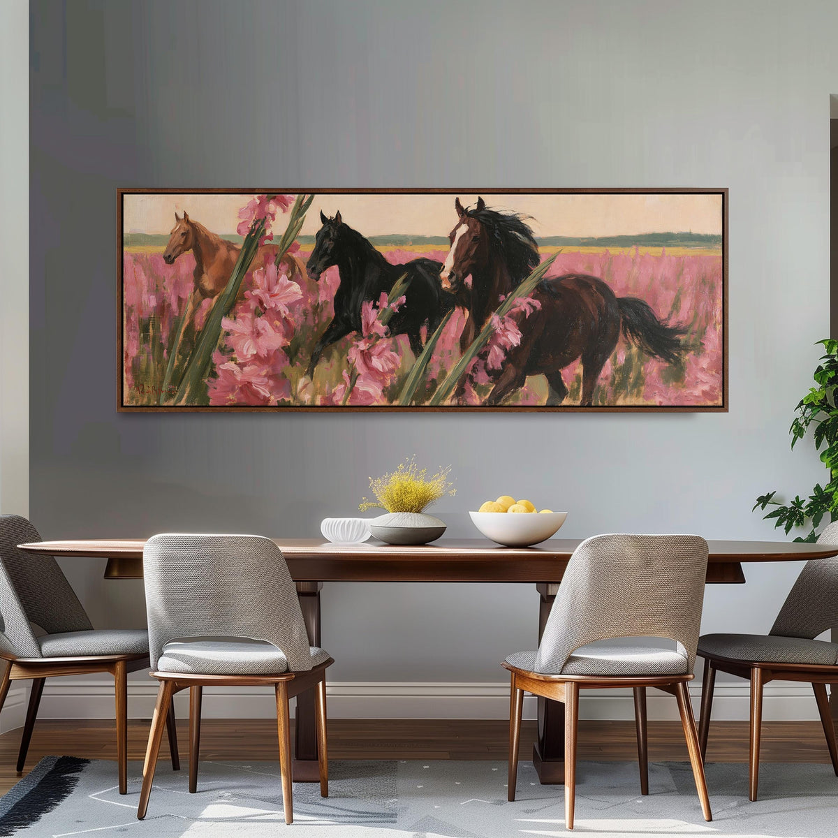 Horses running through pink gladiolus long horizontal canvas print above a dining table