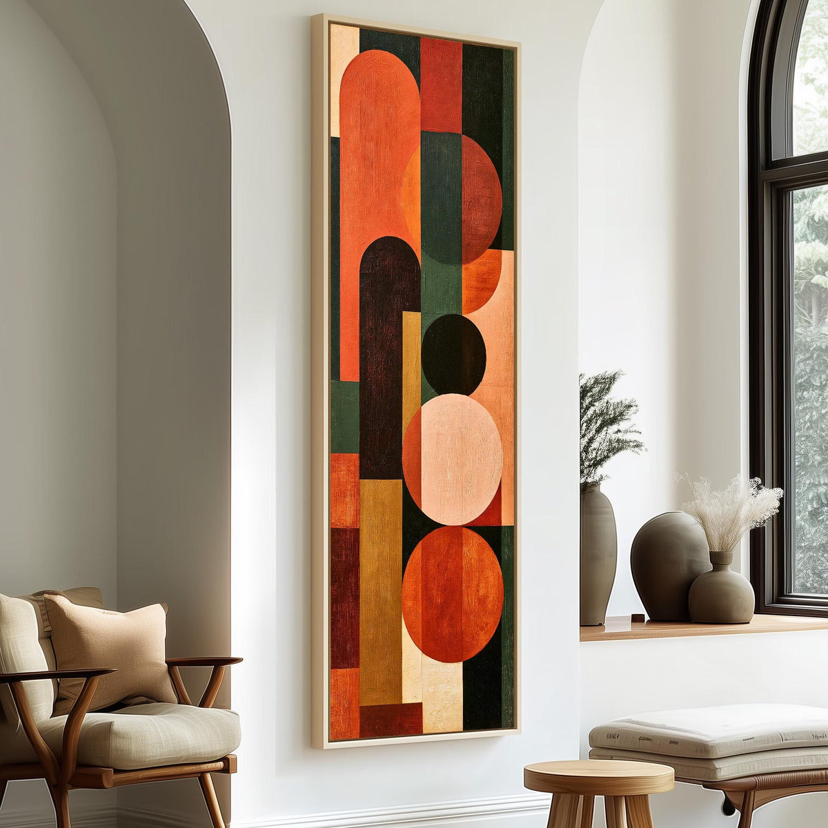 Terracotta, navy and blush arch and circle totem tall skinny canvas print in a sunlit living space