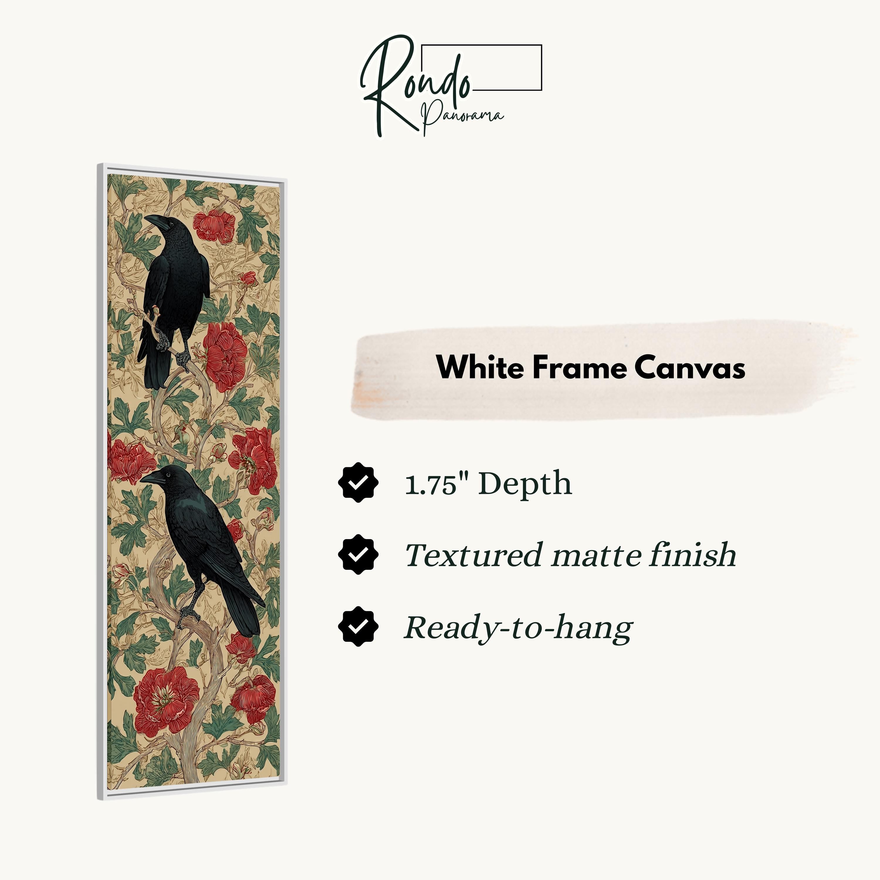 The image is a white frame canvas featuring a black crow perched on a branch with red flowers. The canvas has a 1.75" depth, a textured matte finish, and is ready to hang.
