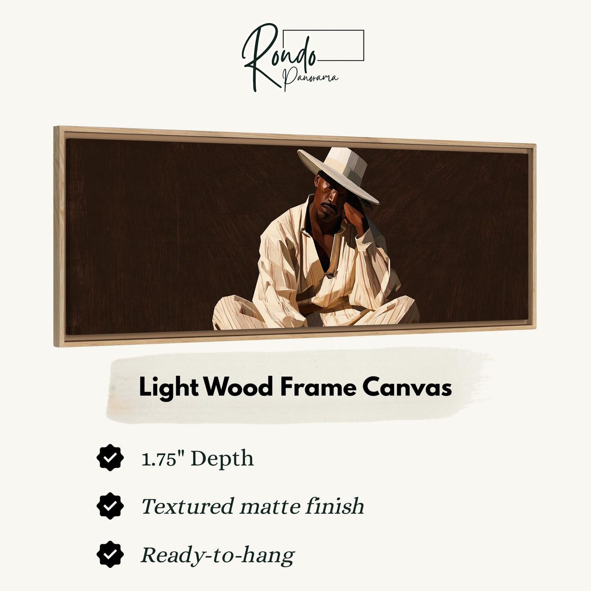 Pensive man in a white hat on brown canvas print in a light wood floating frame