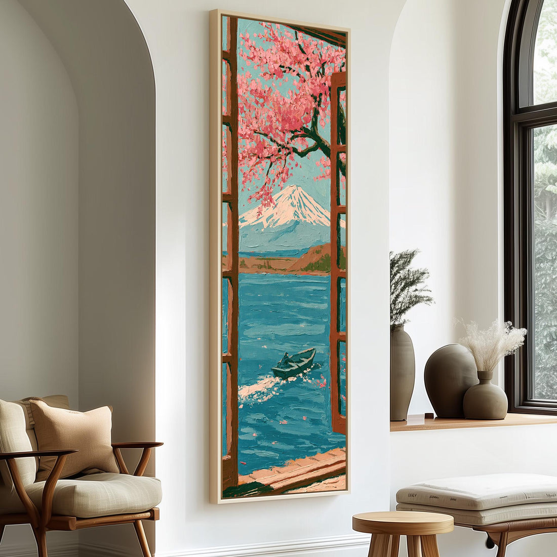 Mount Fuji and a lake seen through a cherry blossom window long vertical canvas print in a sunlit living space