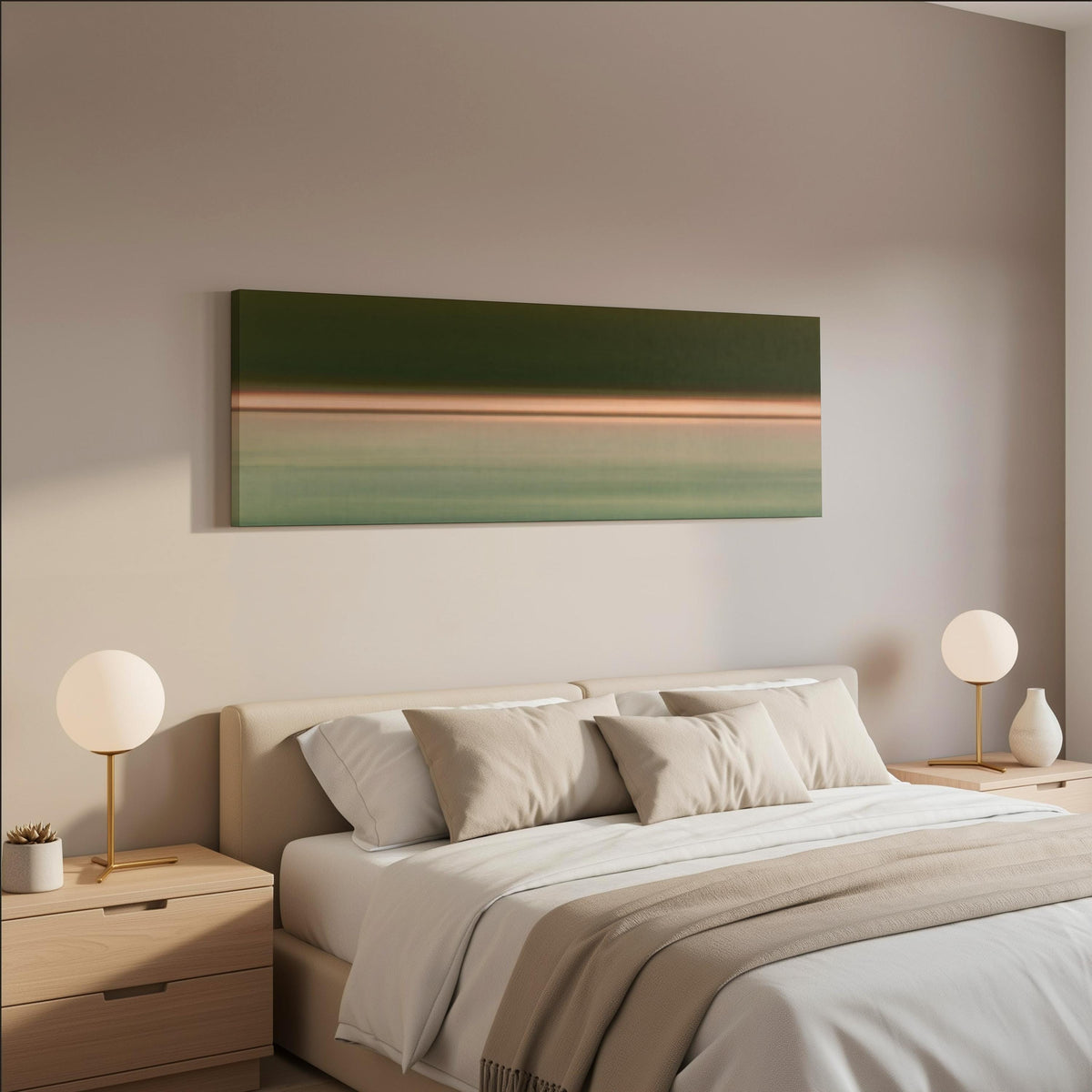 Minimalist dusk horizon gradient wide panoramic canvas print above a bed in a neutral bedroom