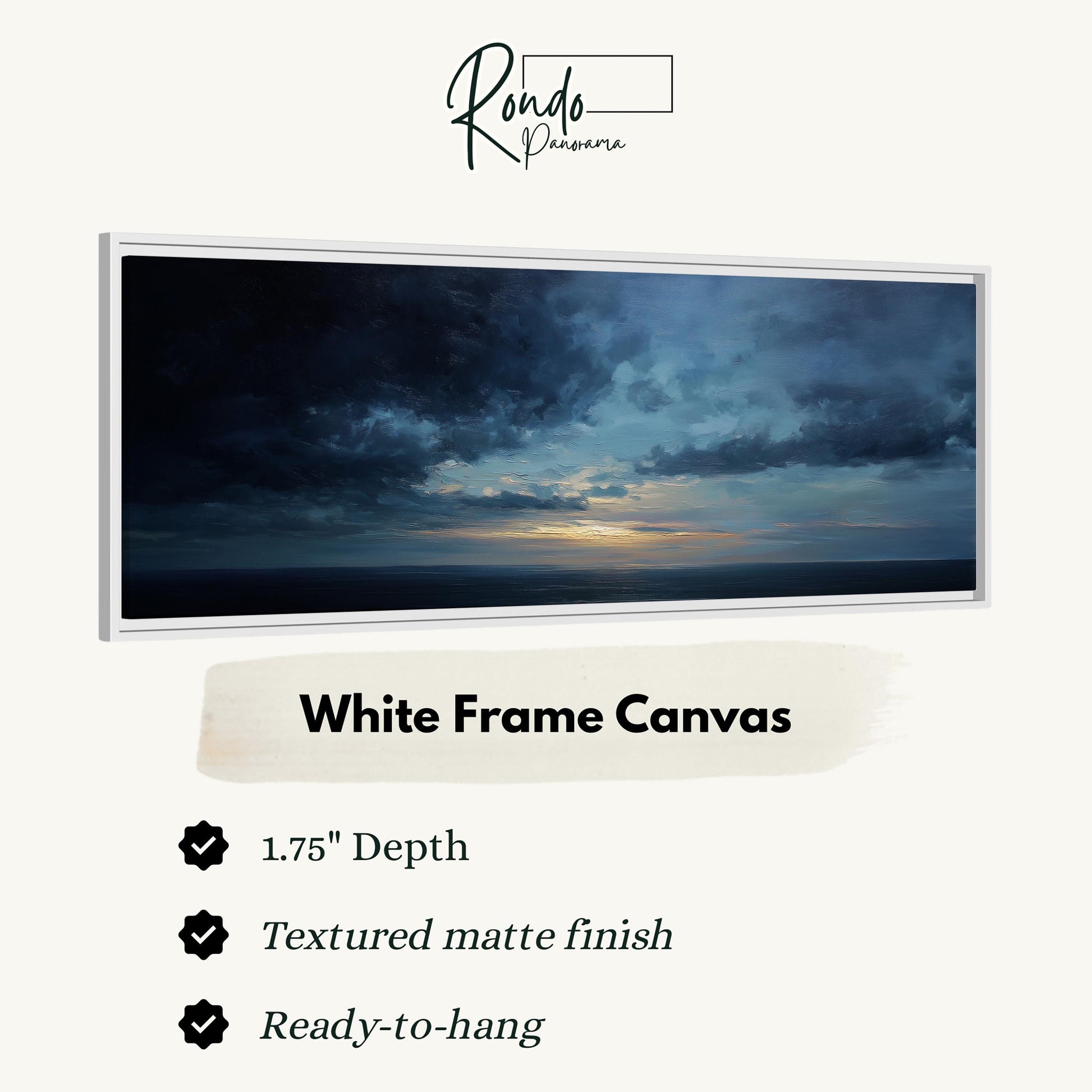 The image is a white frame canvas depicting a serene landscape with a cloudy sky and a sunset over the ocean.