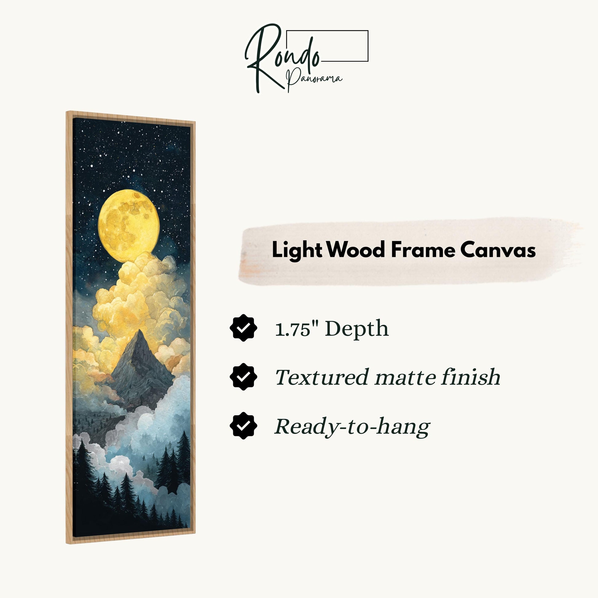 The image is a light wood frame canvas depicting a night sky with a large, bright yellow moon and clouds.