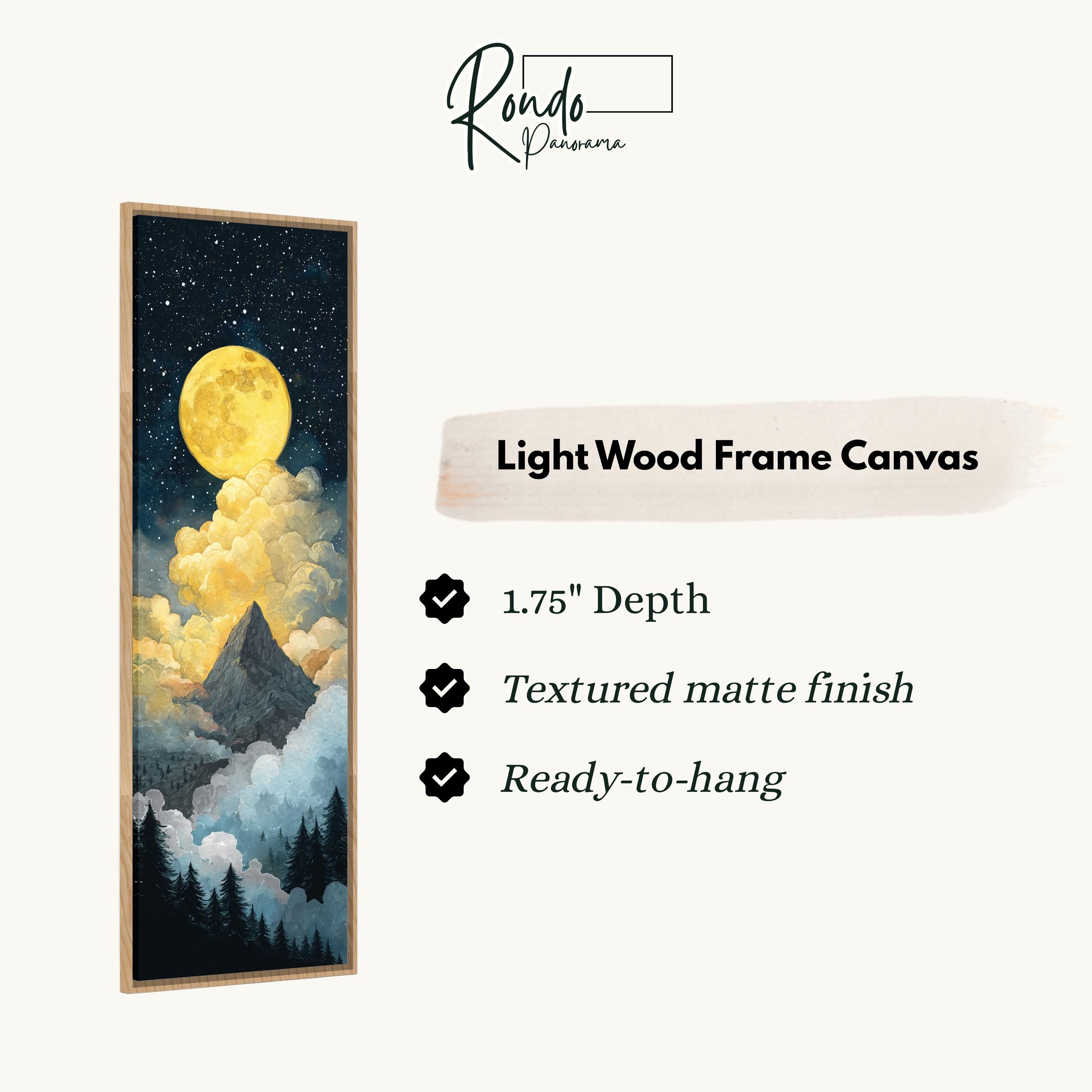 The image is a light wood frame canvas depicting a night sky with a large, bright yellow moon and clouds.