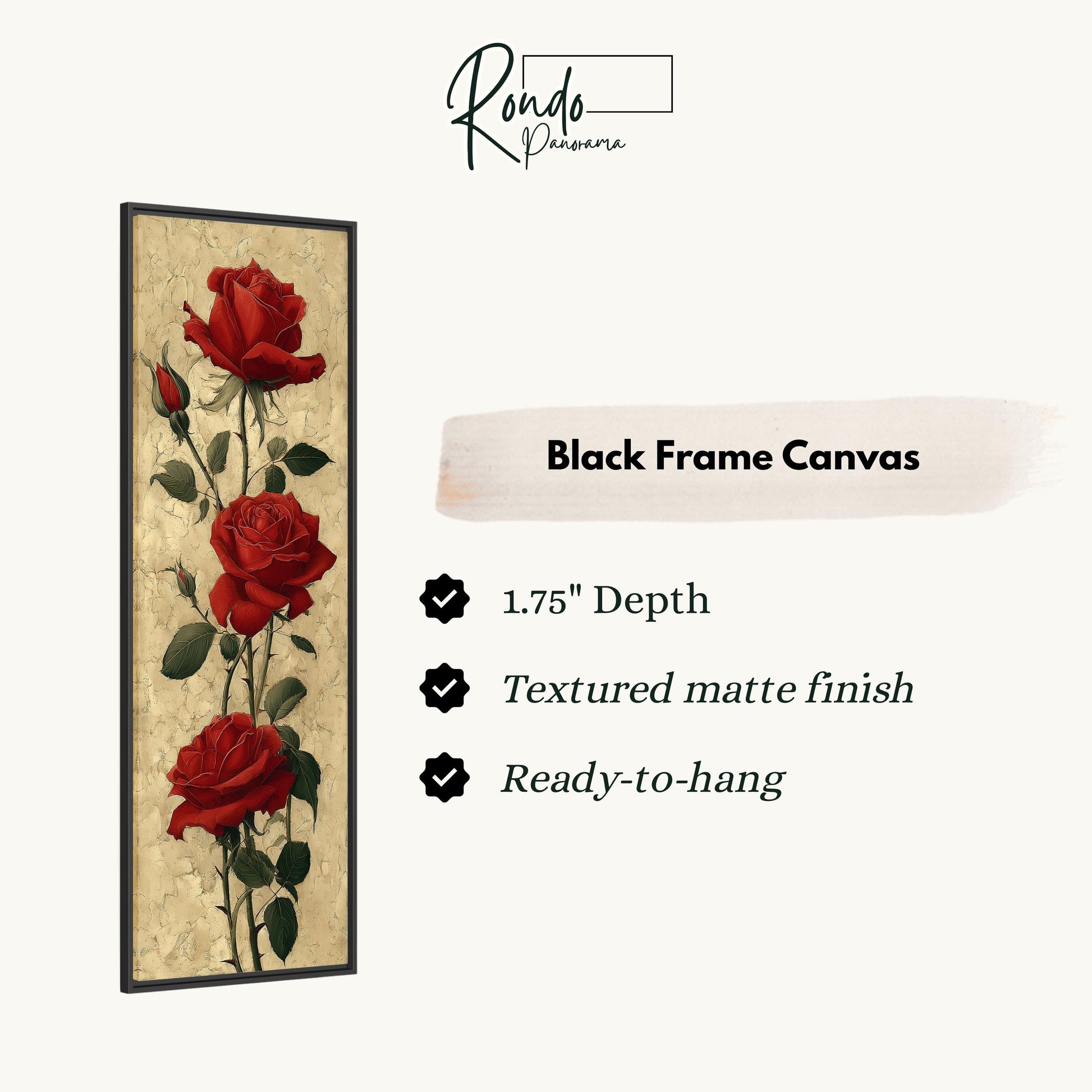 The image is a black frame canvas featuring a vertical arrangement of three red roses with green leaves.