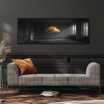 a black and white checkered sofa with a brown throw pillow, positioned in front of a large black and white checkered wall with a framed painting of a cloudy sky above it.