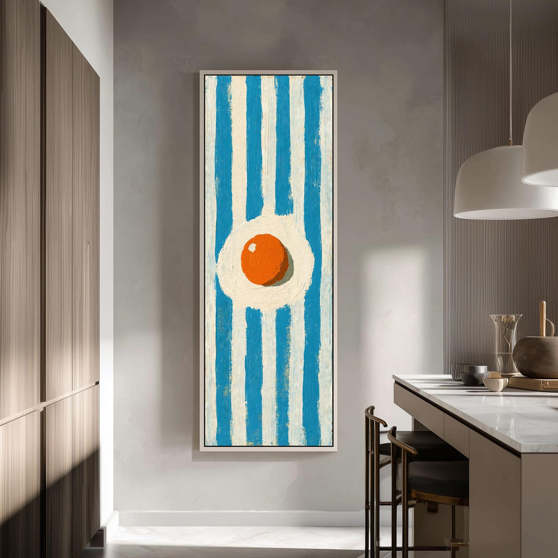 Fried egg on blue stripes long vertical canvas print in a sunlit living space