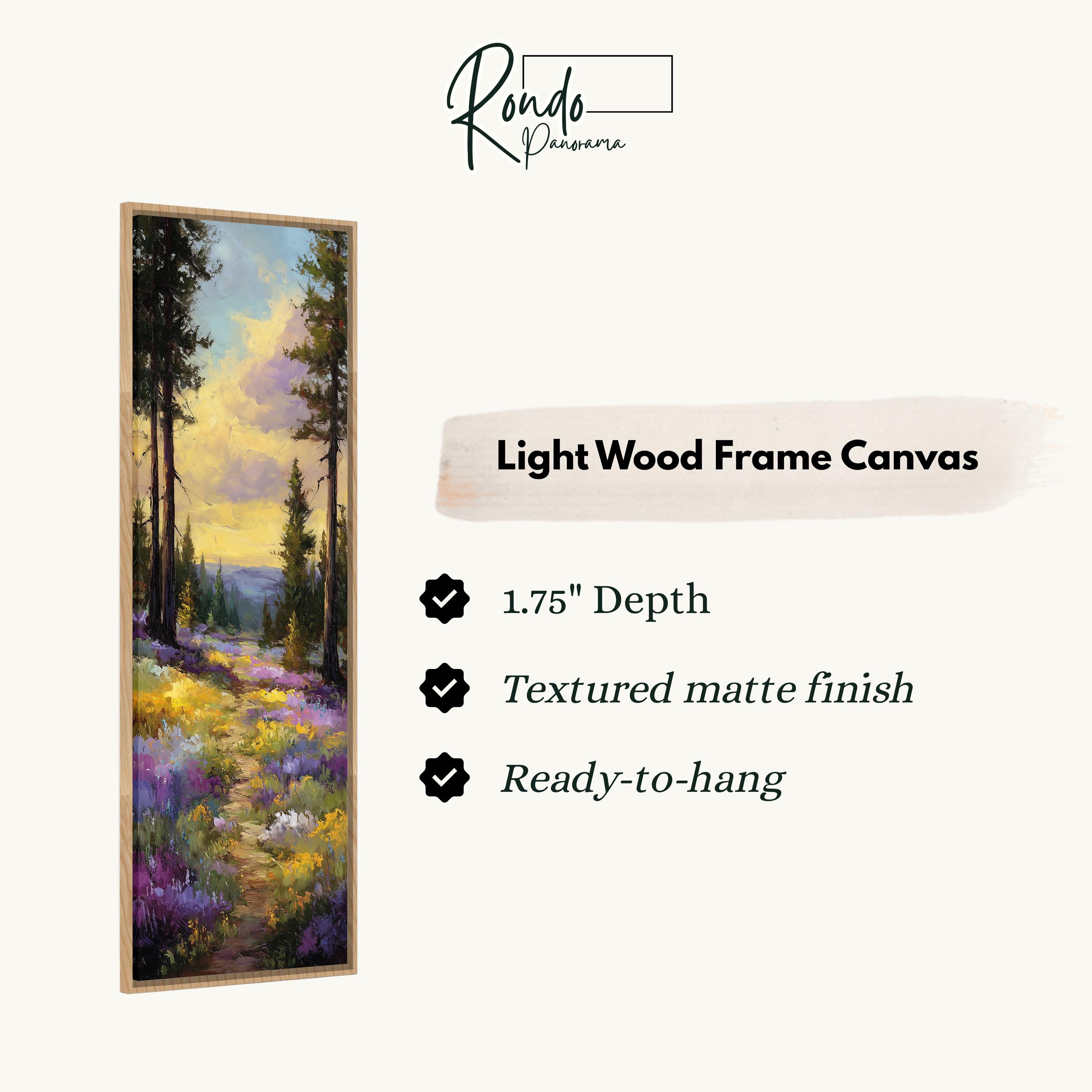 The image is a painting of a forest with a path leading through it, and it is described as a light wood frame canvas.