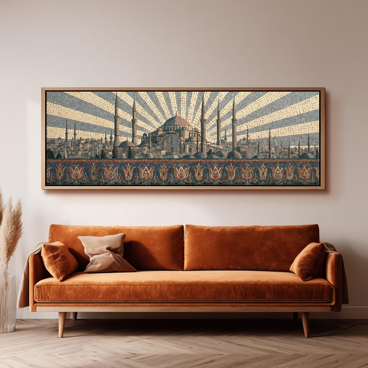 Istanbul skyline at sunrise panoramic canvas print above a sofa in a living room