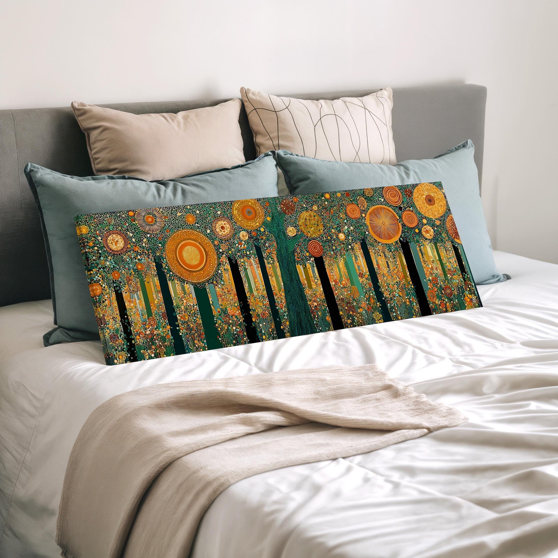 a bed with a large, colorful painting of a forest scene on the backrest.