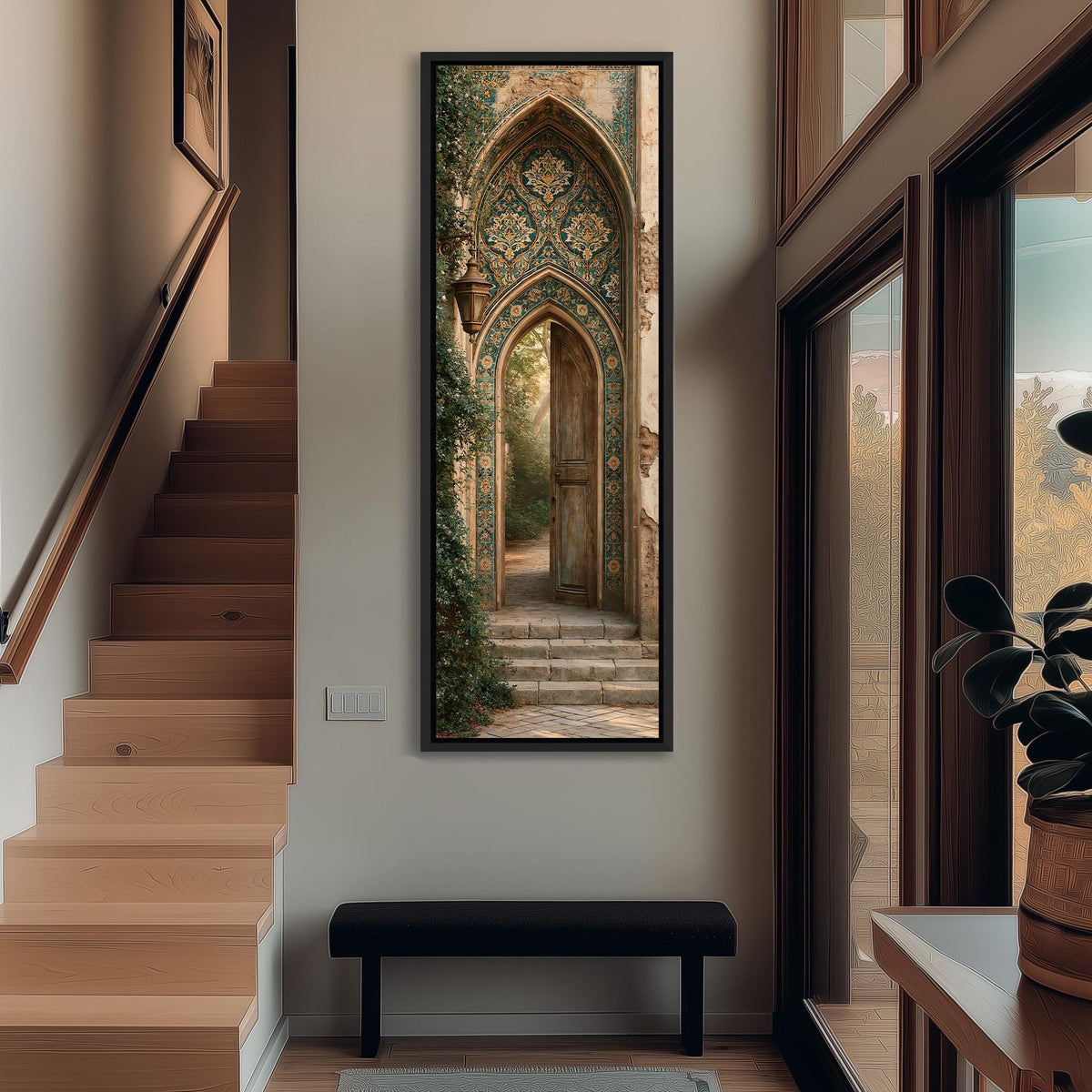 Ornate tiled arch doorway tall narrow canvas print beside a staircase in an entryway