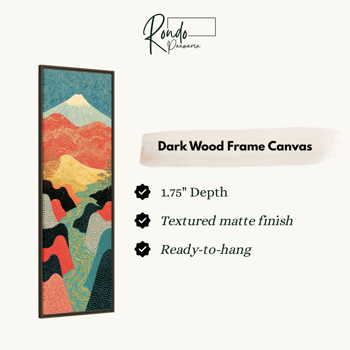 Mount Fuji above a winding river valley canvas print in a dark wood floating frame