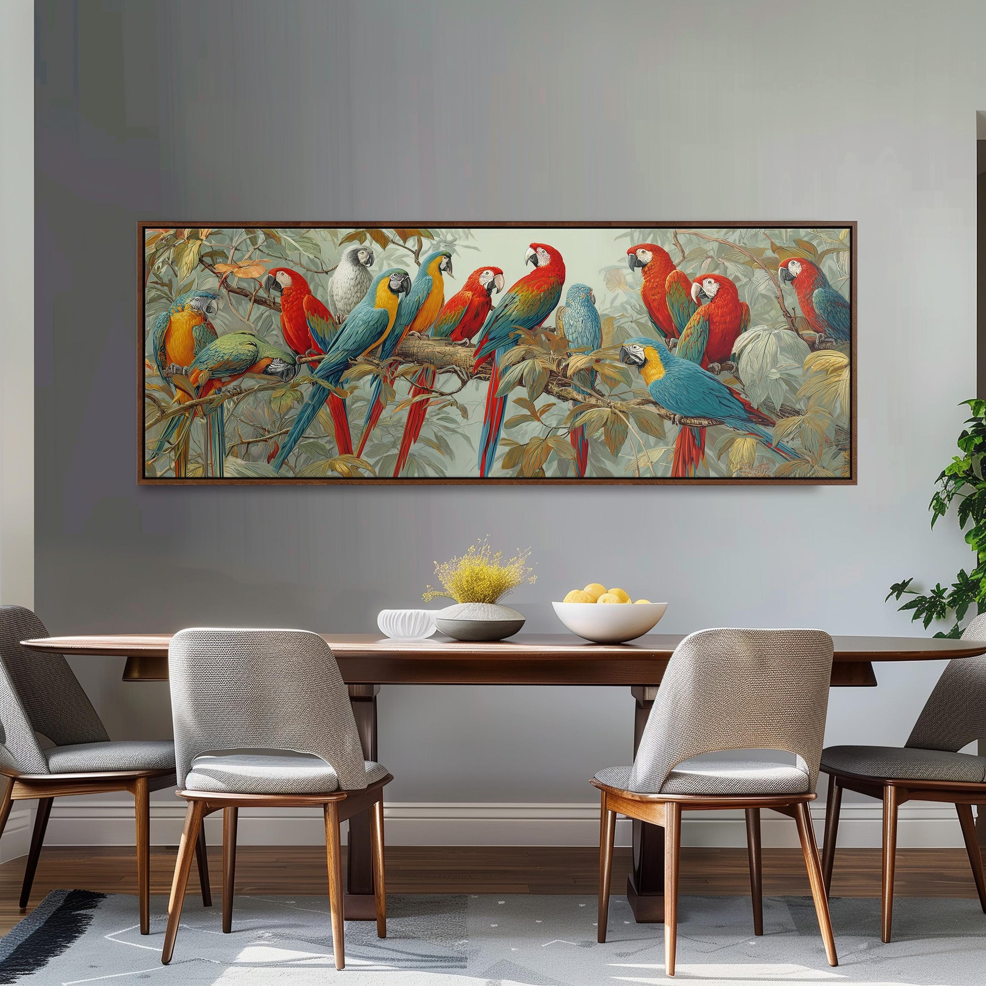 a large painting of colorful parrots perched on branches, hanging on a wall above a wooden dining table with four chairs.