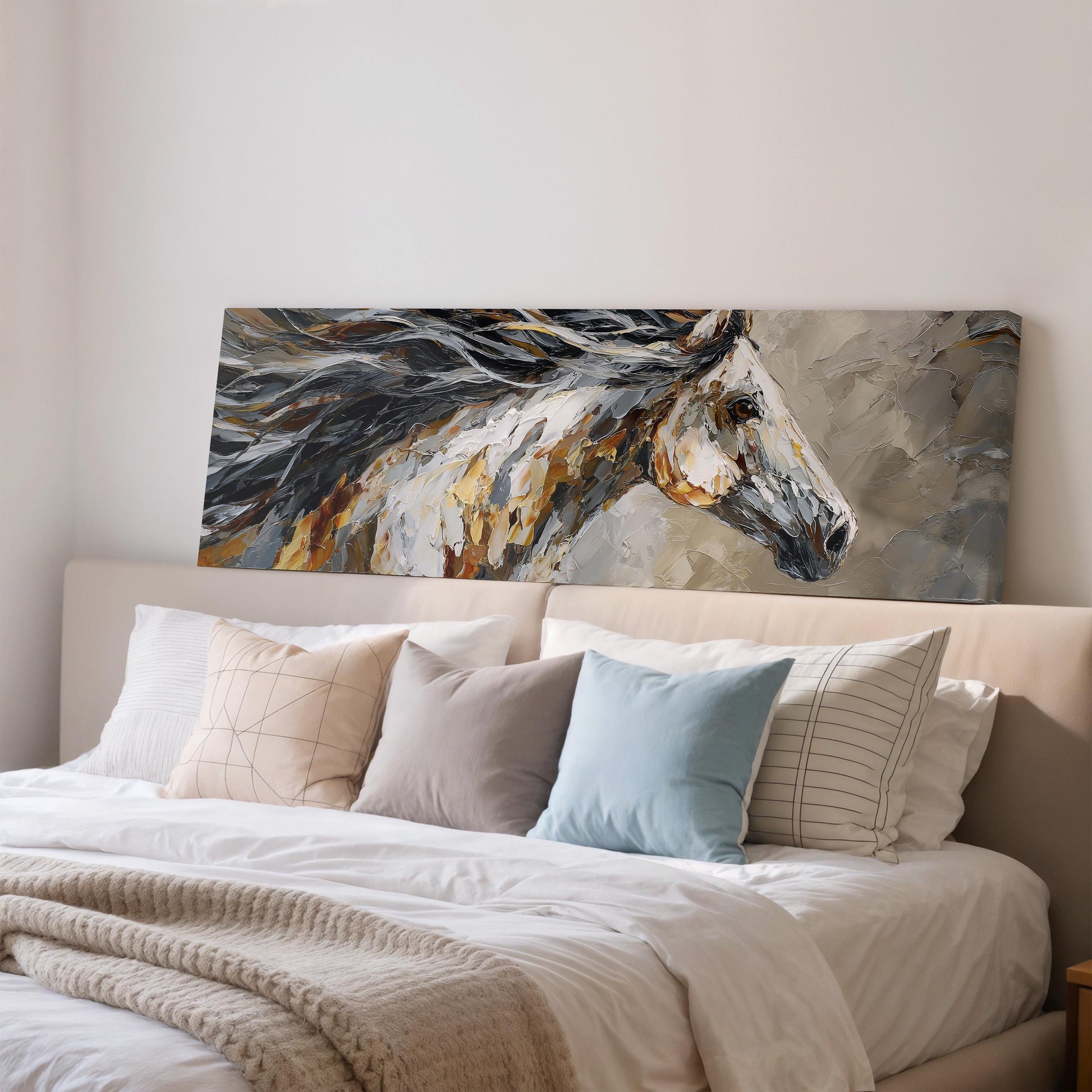 a large painting of a horse's head on a wall above a bed with white bedding and pillows.