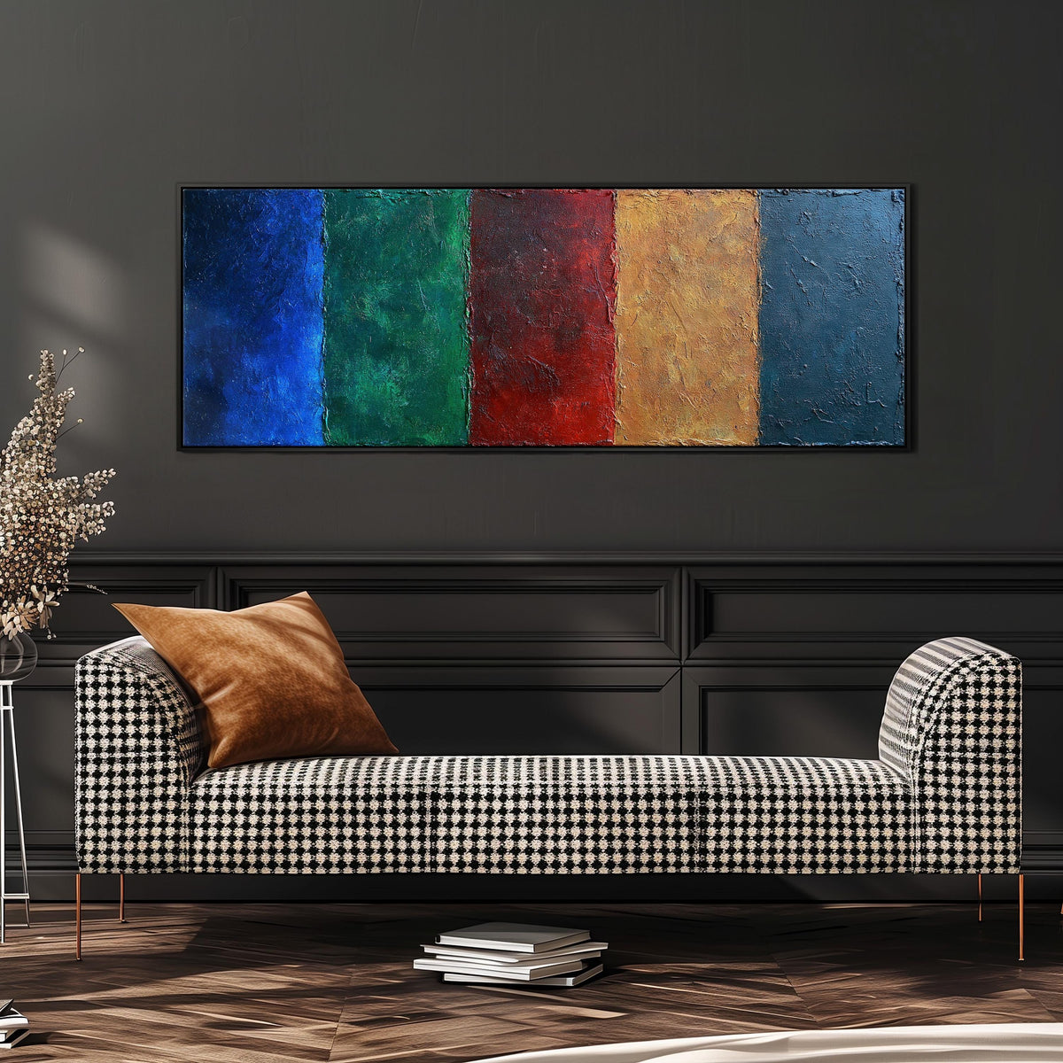 Textured jewel tone vertical bands long horizontal canvas print above a dining table