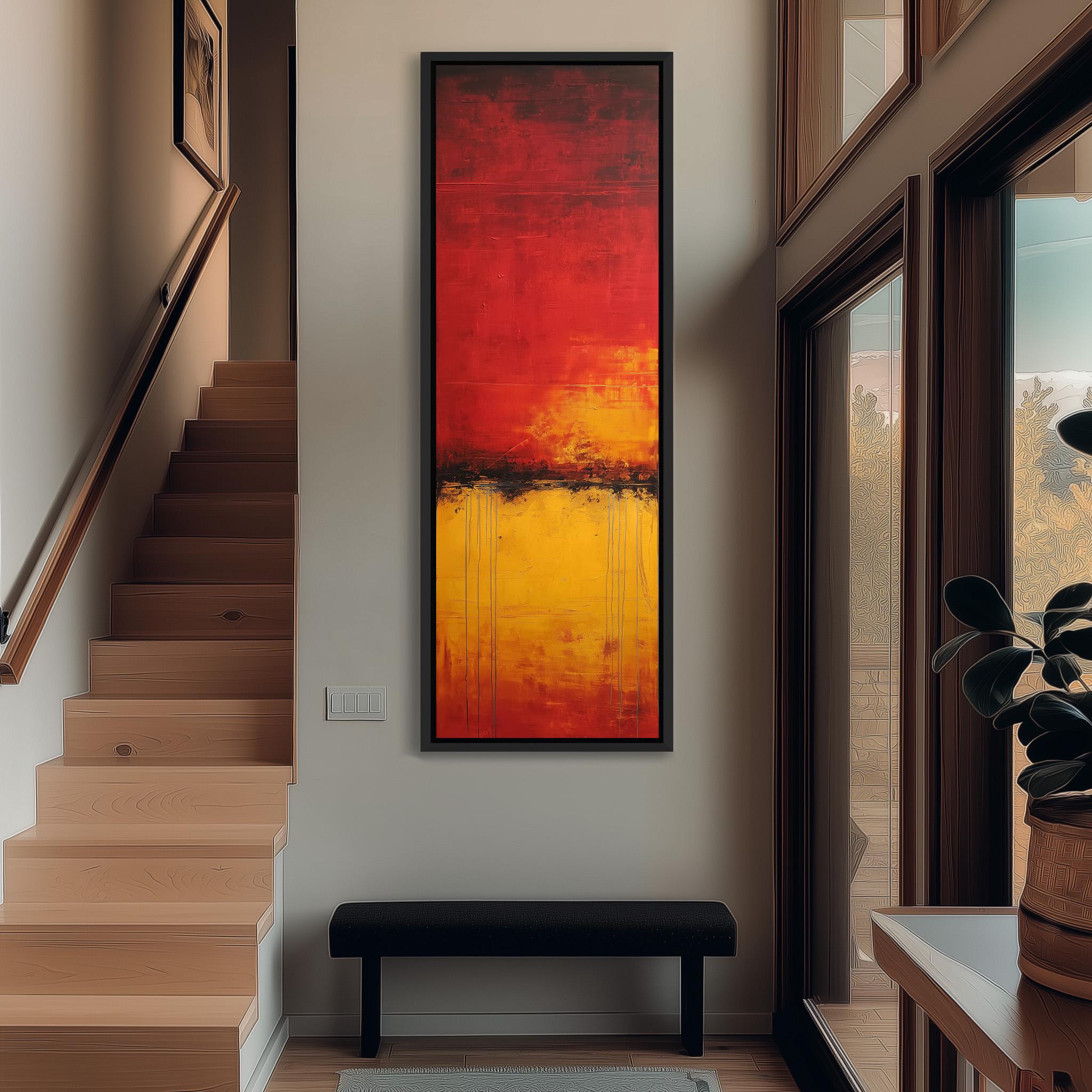 a modern interior design with a large abstract painting hanging on the wall above a black bench. The painting has a vibrant red and yellow color scheme, creating a striking focal point in the space. The room also includes a staircase, a potted plant, and a window, contributing to the overall aesthetic and atmosphere of the space.